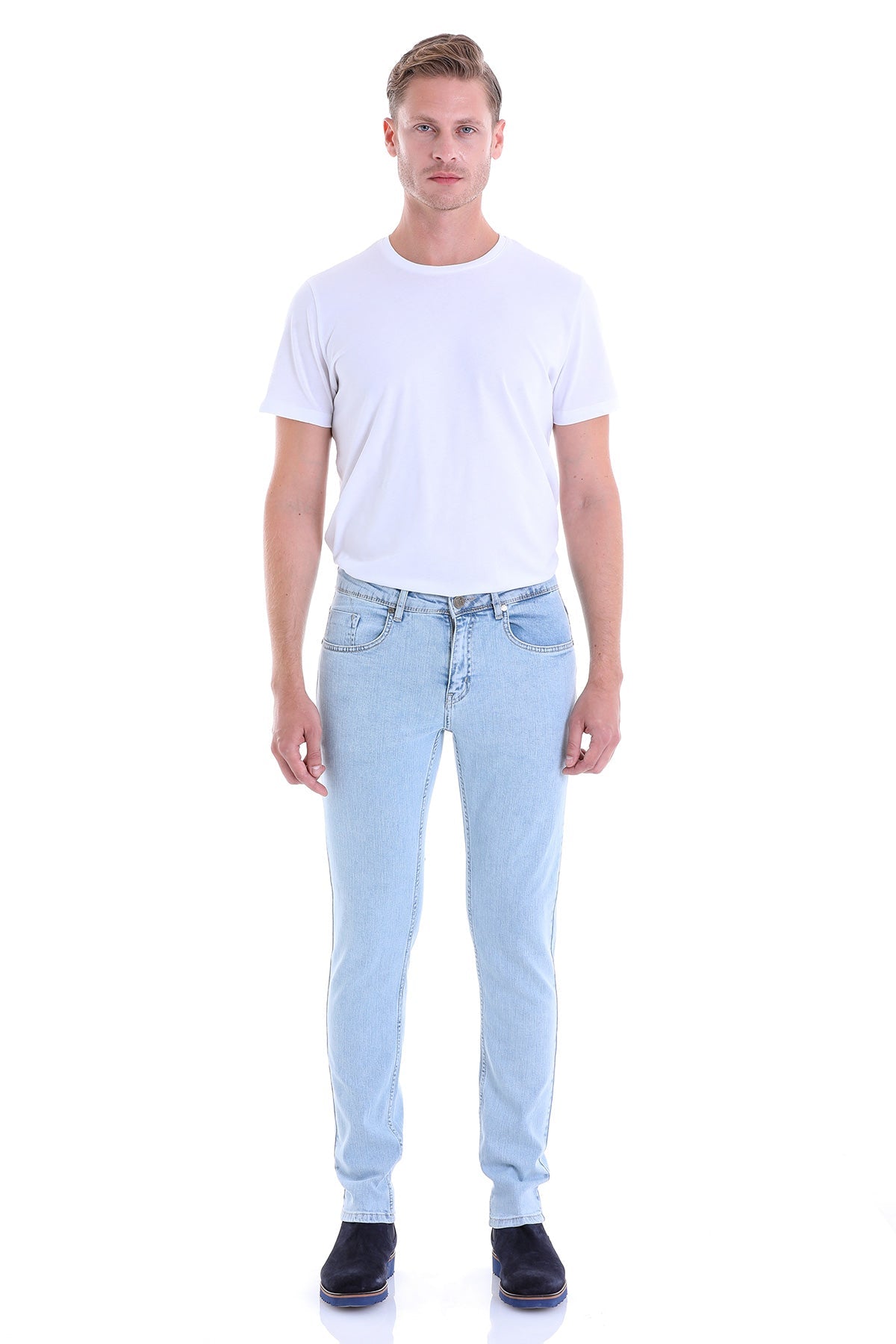 Slim Fit 5 Pocket Low Waist Ice Blue Cotton Denim - SAYKI