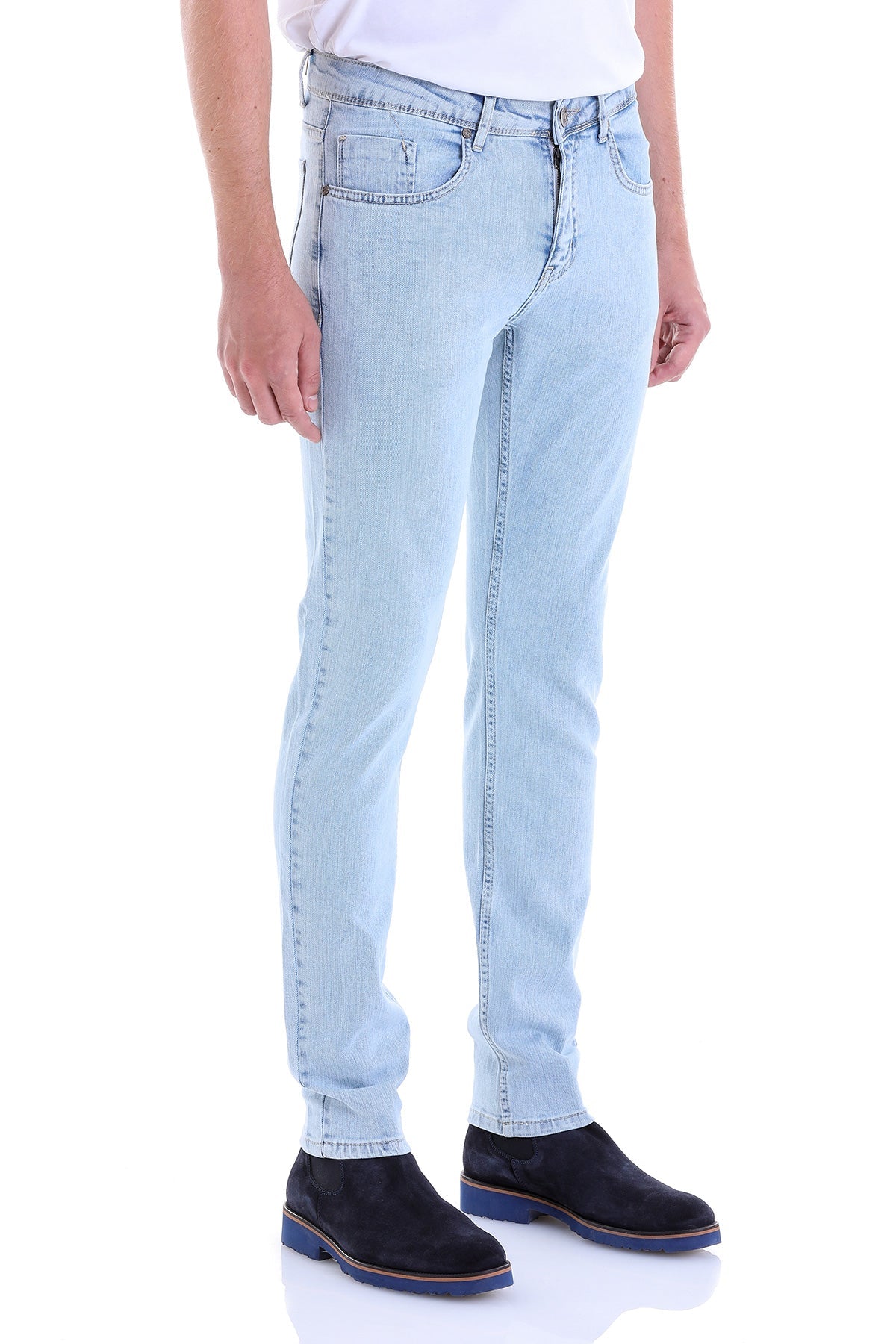 Slim Fit 5 Pocket Low Waist Ice Blue Cotton Denim - SAYKI