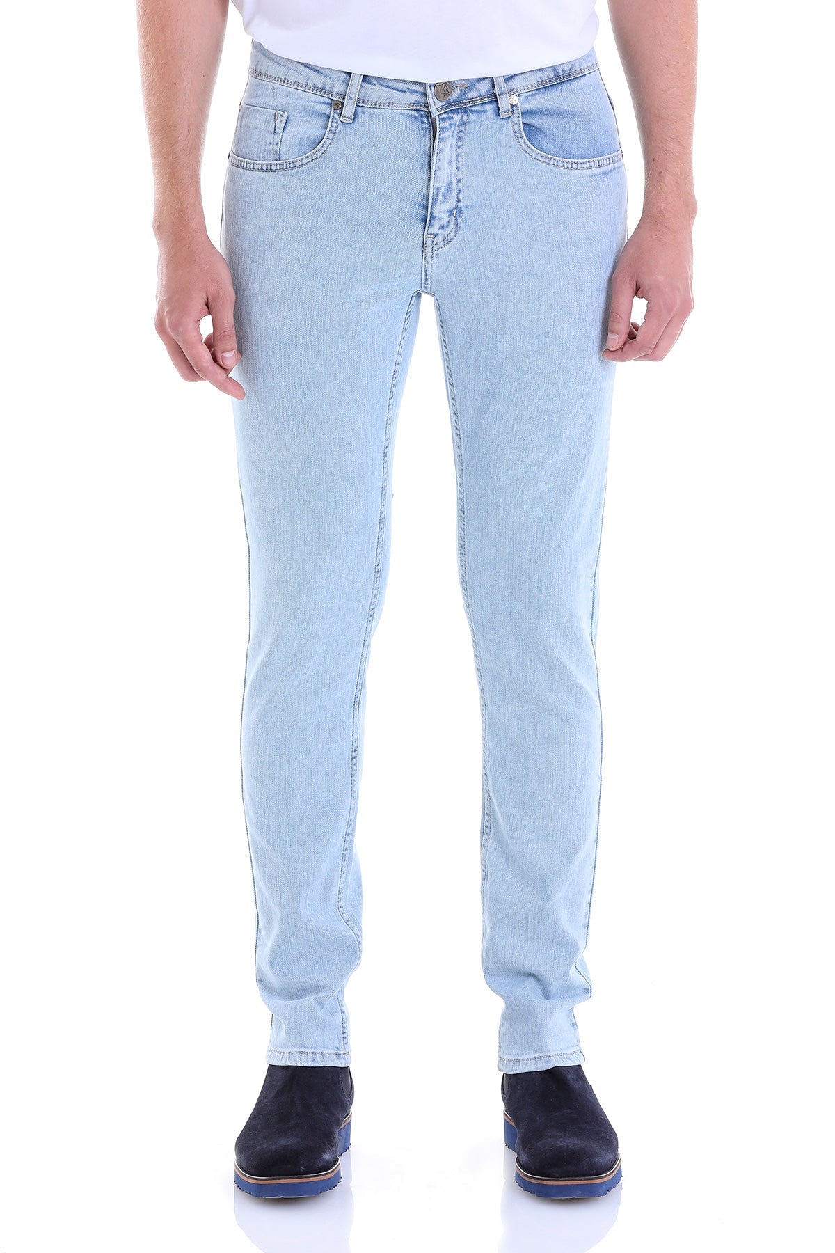 Light-wash denim jeans with a slim fit and classic five-pocket design.