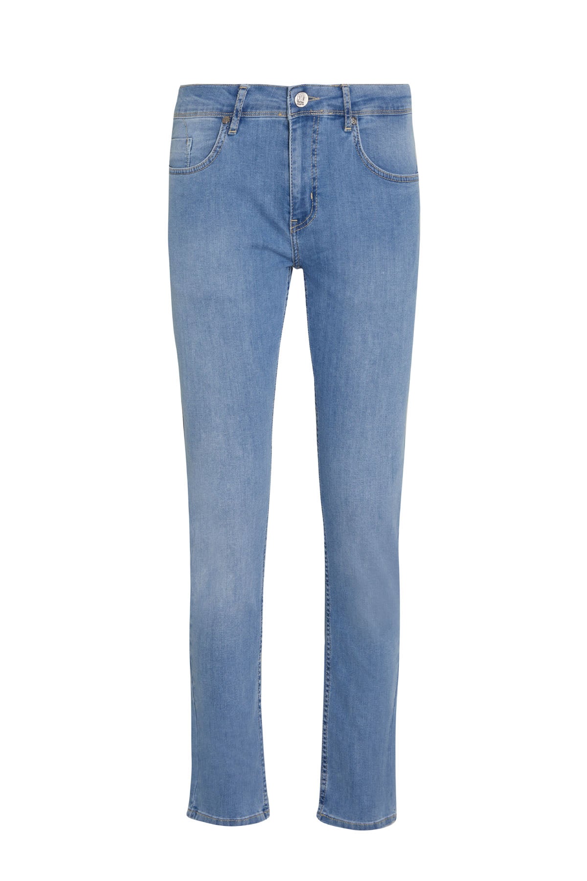 Light-wash blue denim jeans with a straight-leg cut and classic five-pocket design.