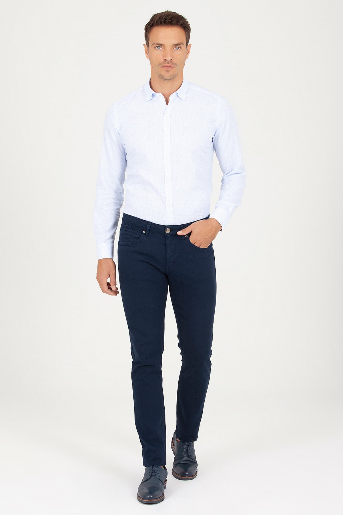 Slim Fit 5 Pocket Low Waist Light Navy Cotton Denim - SAYKI