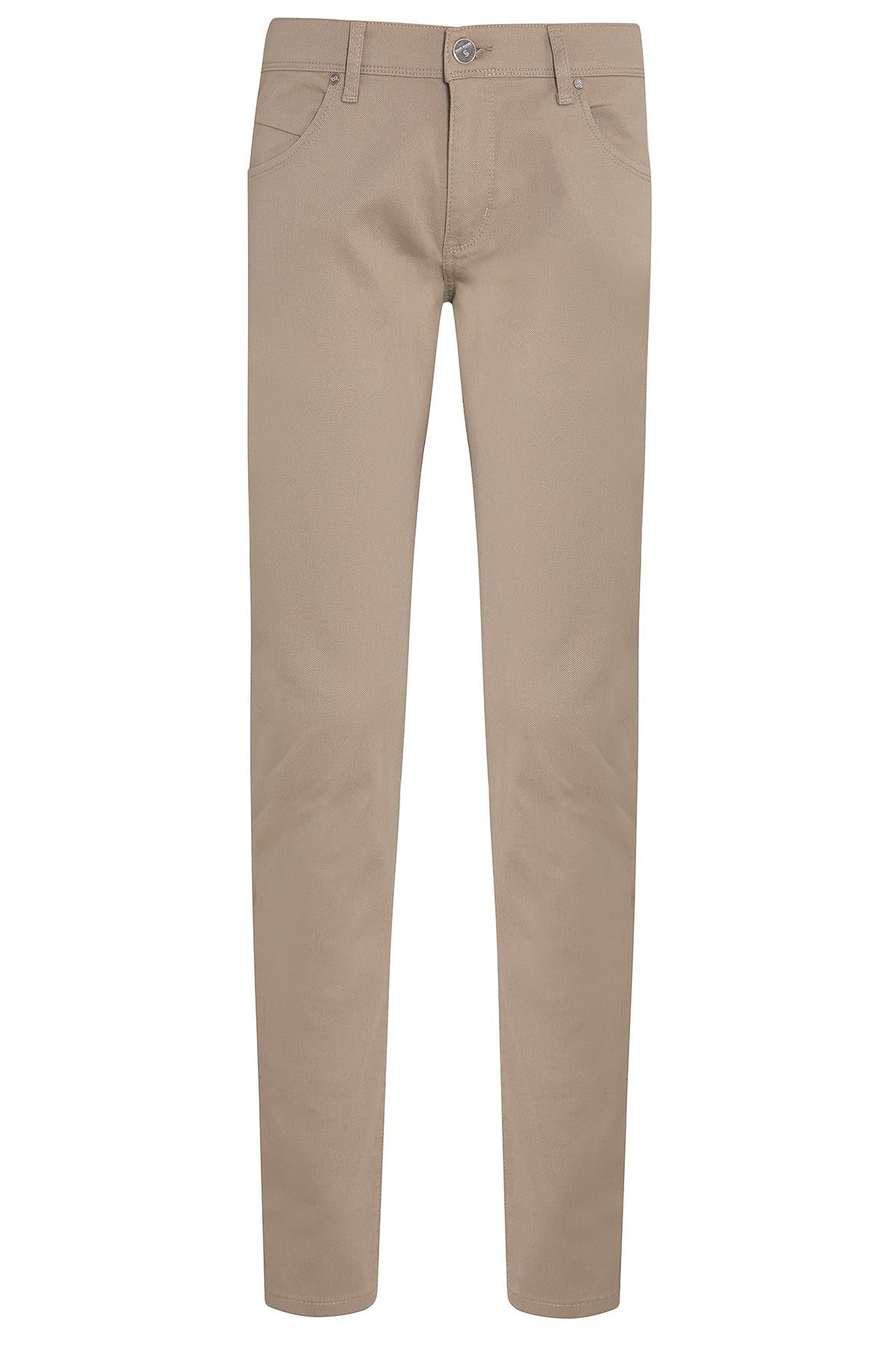 Beige chino pants with a slim fit and classic five-pocket design.