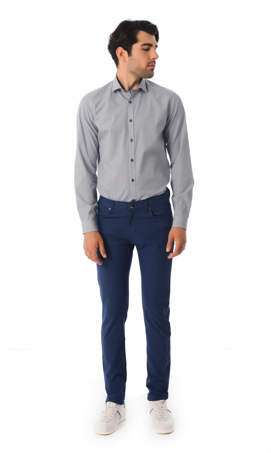 Slim Fit 5 Pocket Low Waist Navy Cotton Casual Pants - SAYKI