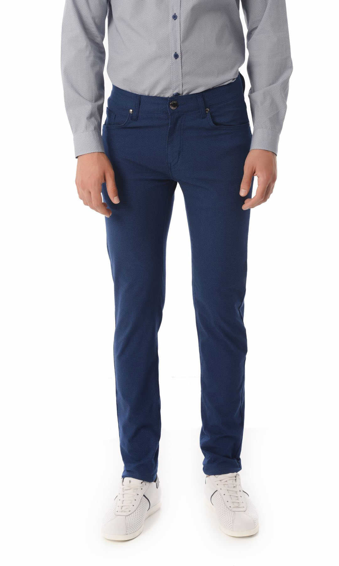Navy blue slim-fit trousers with a subtle texture and classic five-pocket design