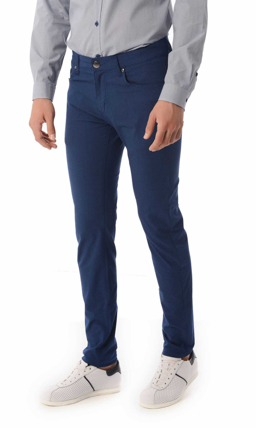 Slim Fit 5 Pocket Low Waist Navy Cotton Casual Pants - SAYKI