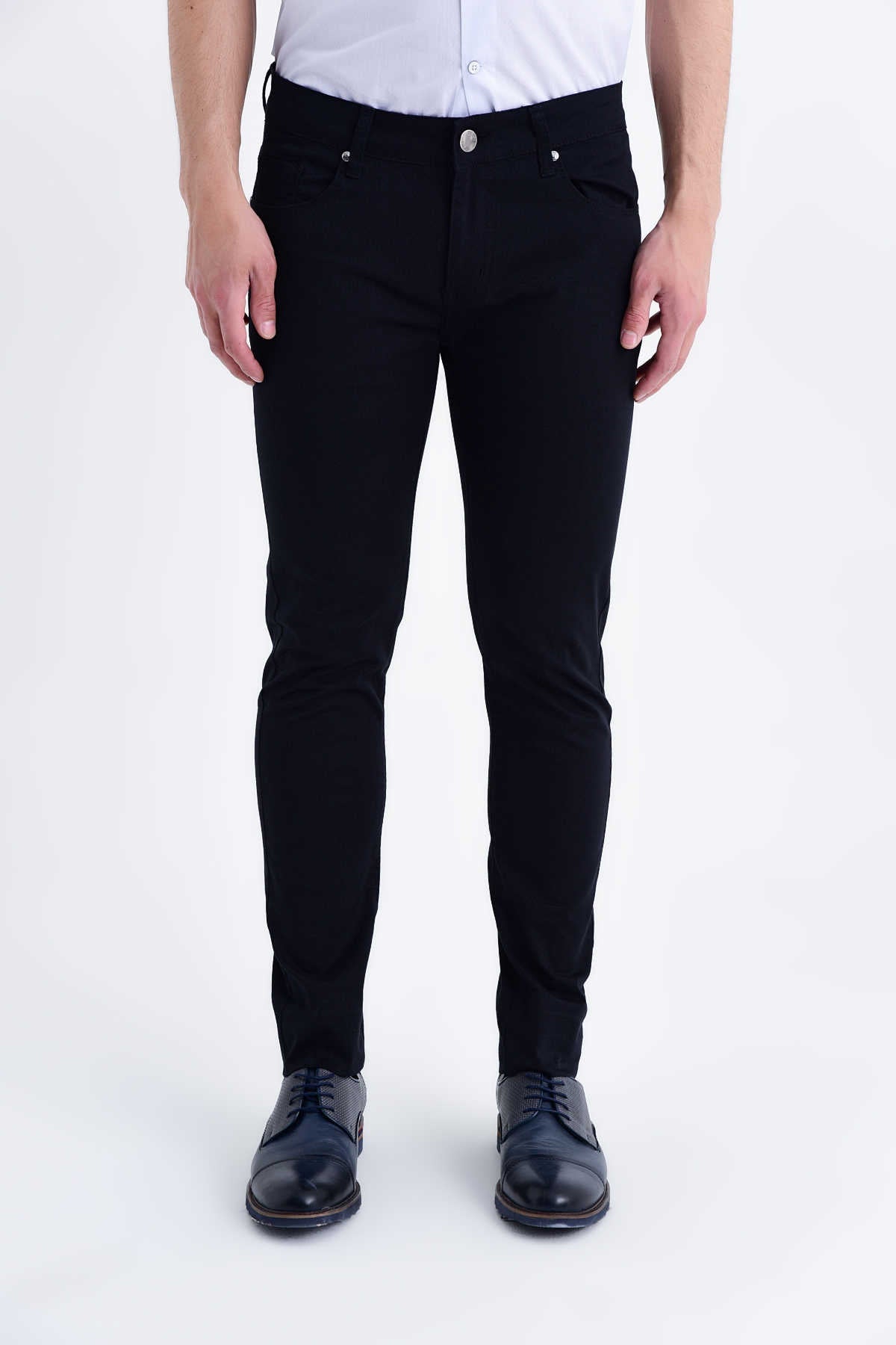Black slim-fit jeans with a classic five-pocket design and silver-toned button closure.