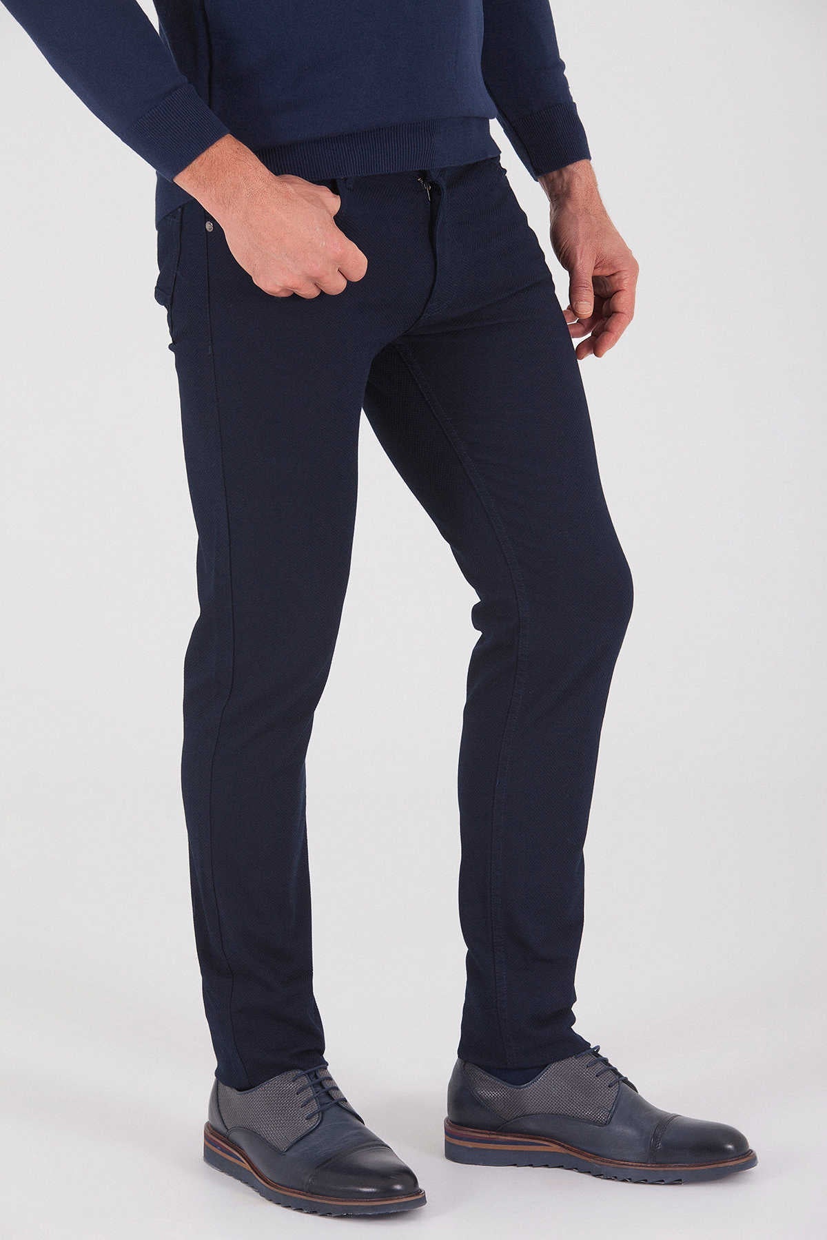 Slim Fit 5 Pocket Navy Low Waist Cotton Casual Pants - SAYKI