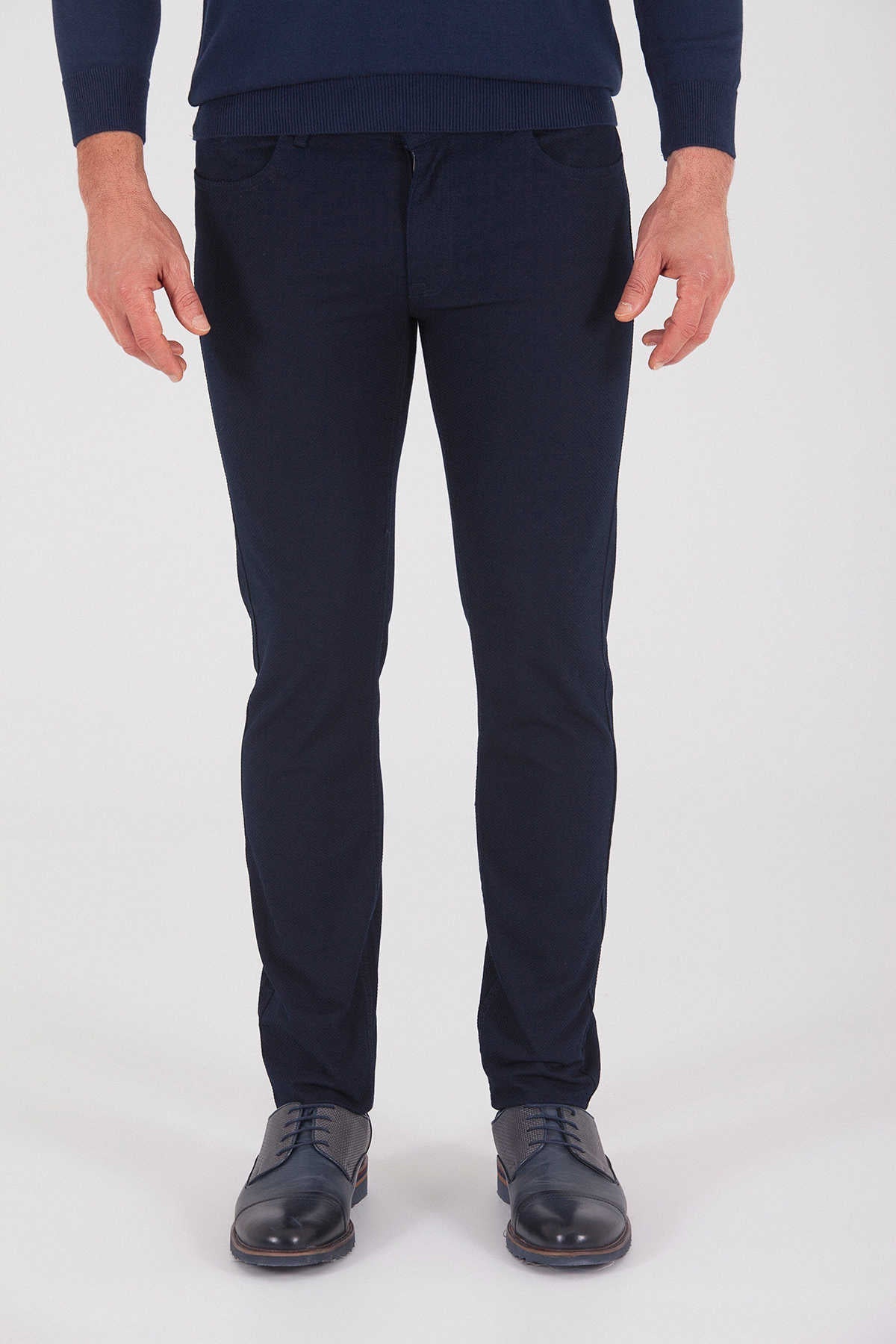 Slim Fit 5 Pocket Navy Low Waist Cotton Casual Pants - SAYKI