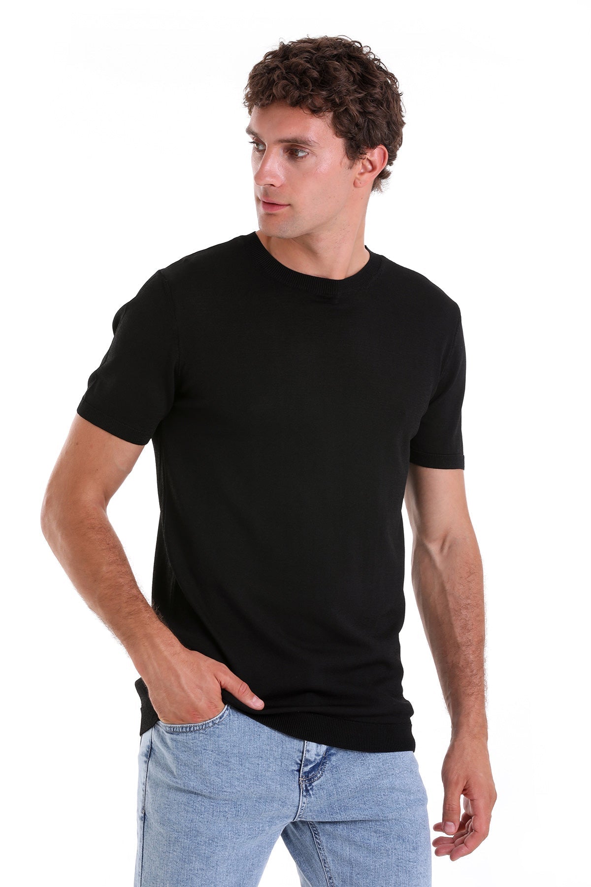 Slim Fit Basic Black Crew Neck T-Shirt - SAYKI