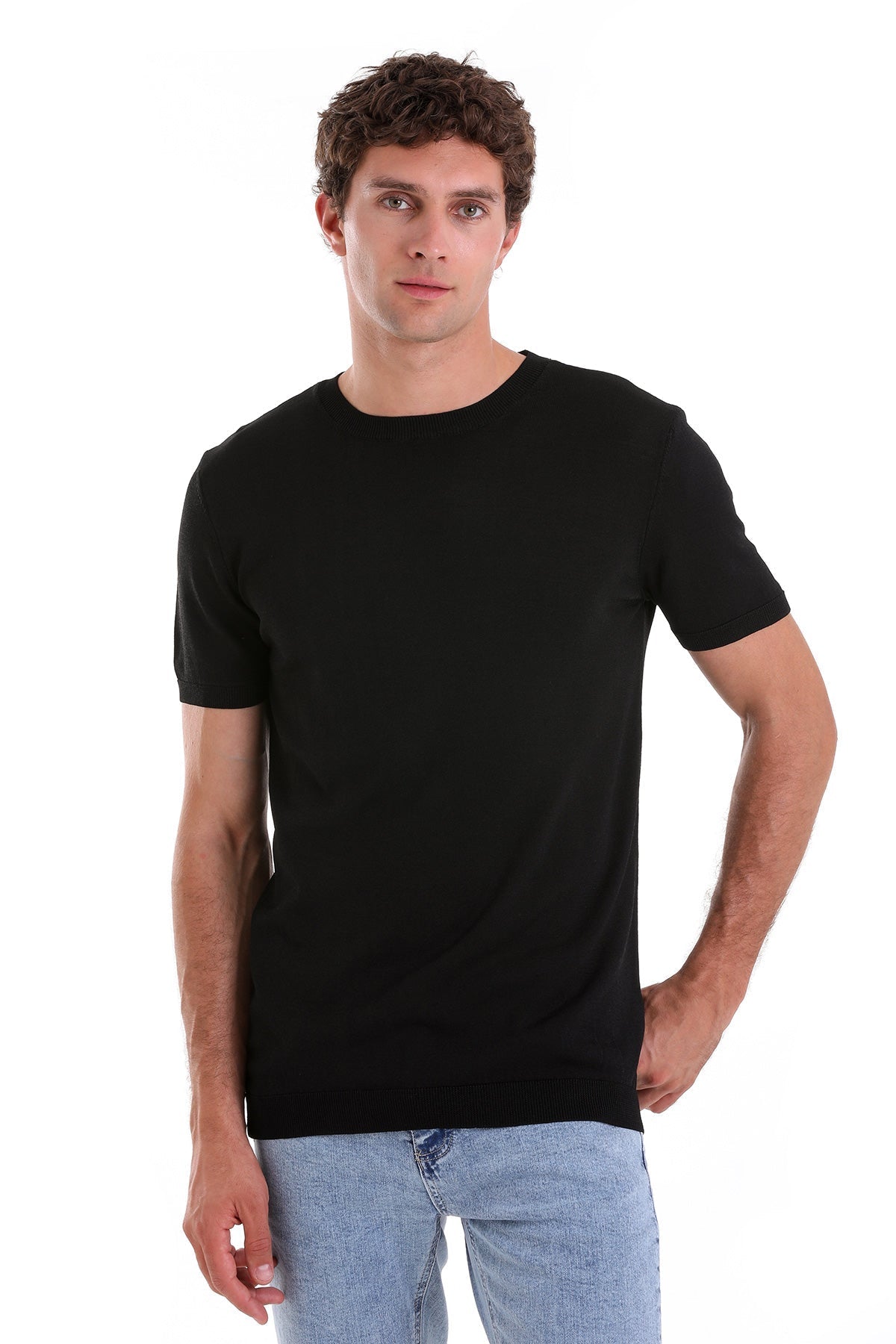 Slim Fit Basic Black Crew Neck T-Shirt - SAYKI