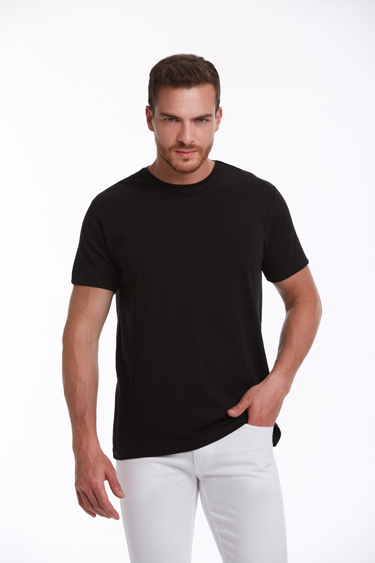 Slim Fit Basic Cotton Black Crew Neck T-Shirt - SAYKI