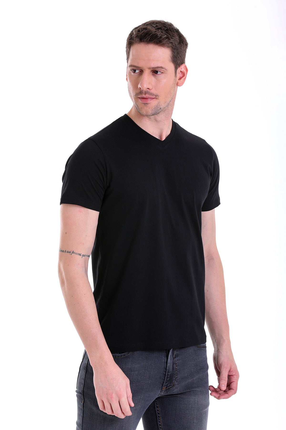 Slim Fit Basic Cotton Black V-Neck T-Shirt - SAYKI