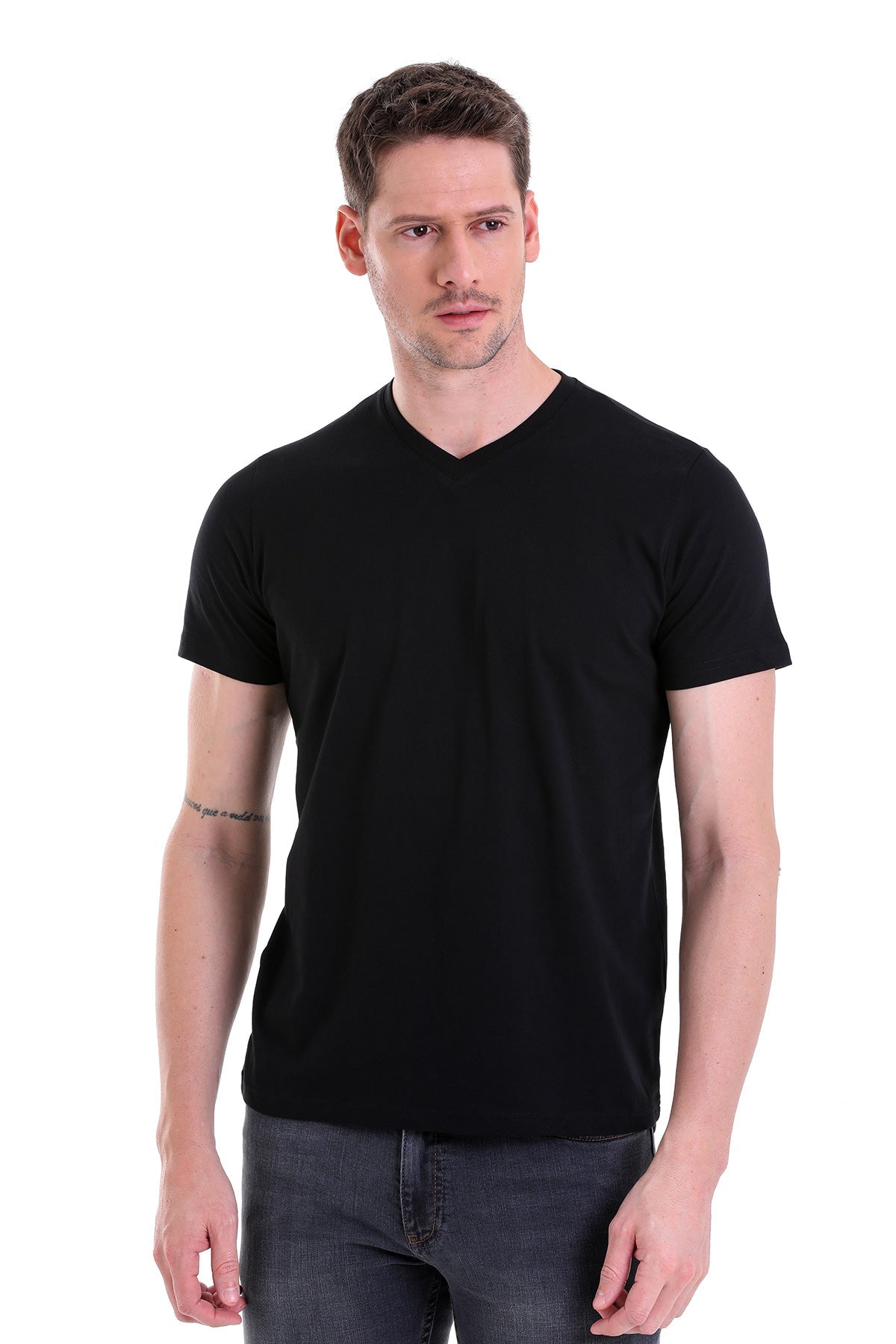 Slim Fit Basic Cotton Black V-Neck T-Shirt - SAYKI