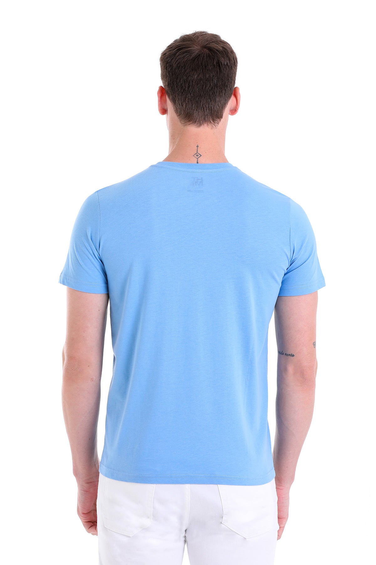 Slim Fit Basic Cotton Blue V-Neck T-Shirt - SAYKI