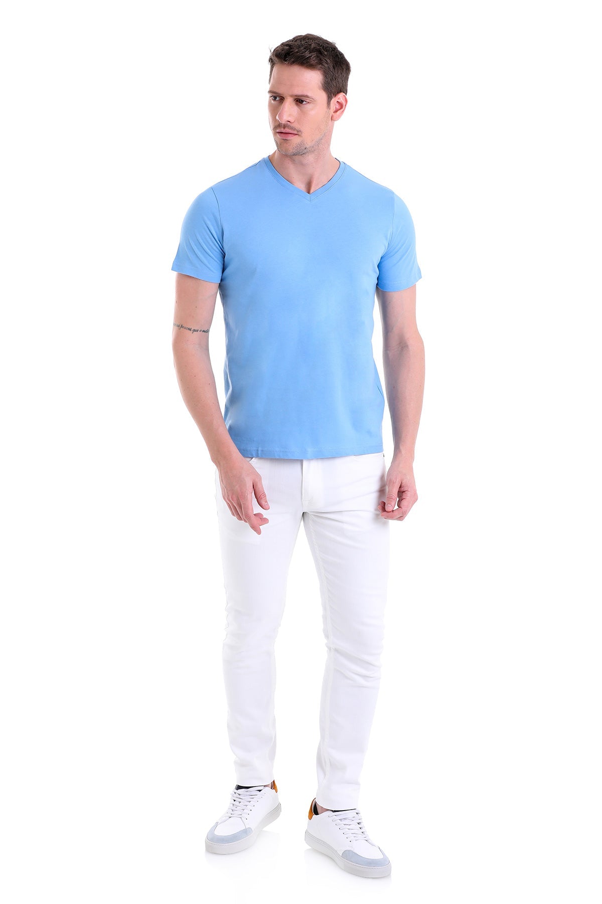 Slim Fit Basic Cotton Blue V-Neck T-Shirt - SAYKI