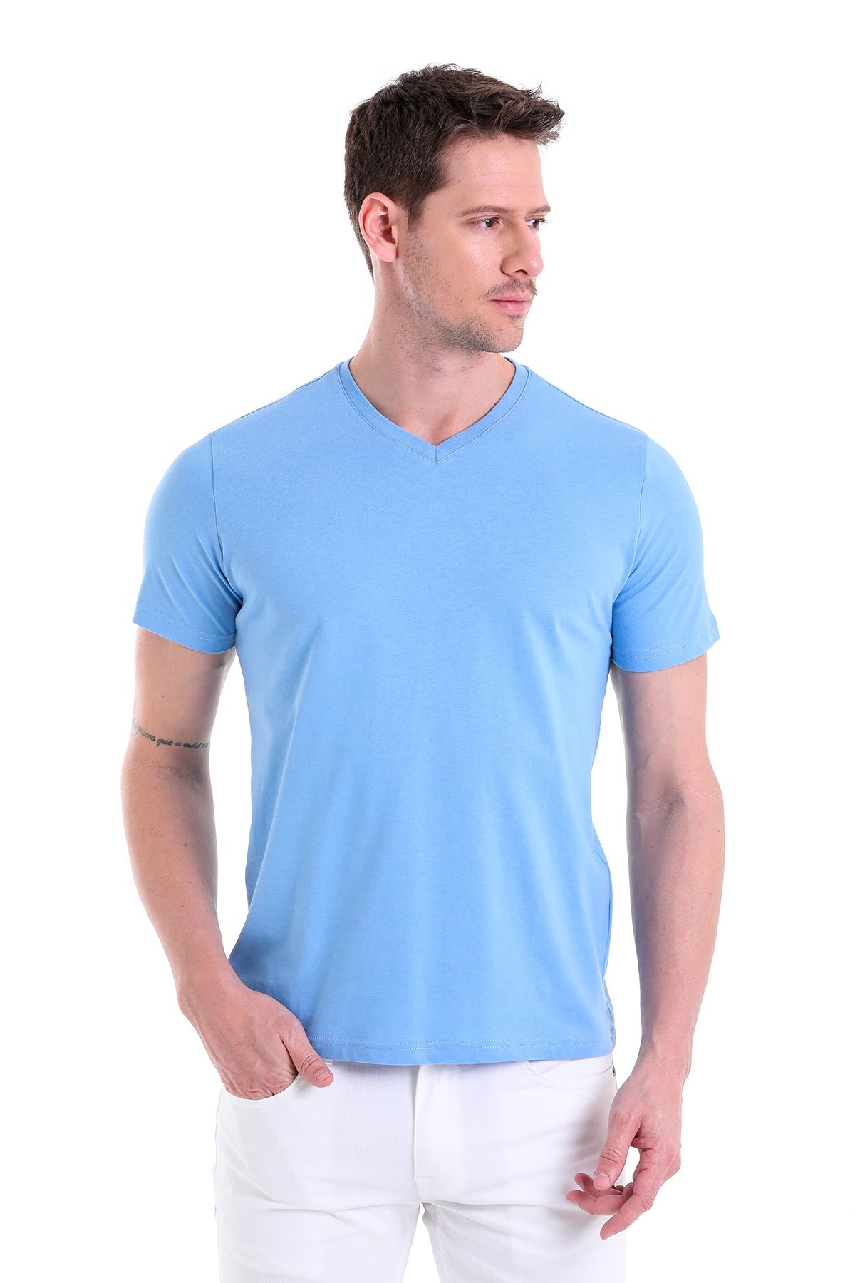 Light blue v-neck cotton t-shirt.