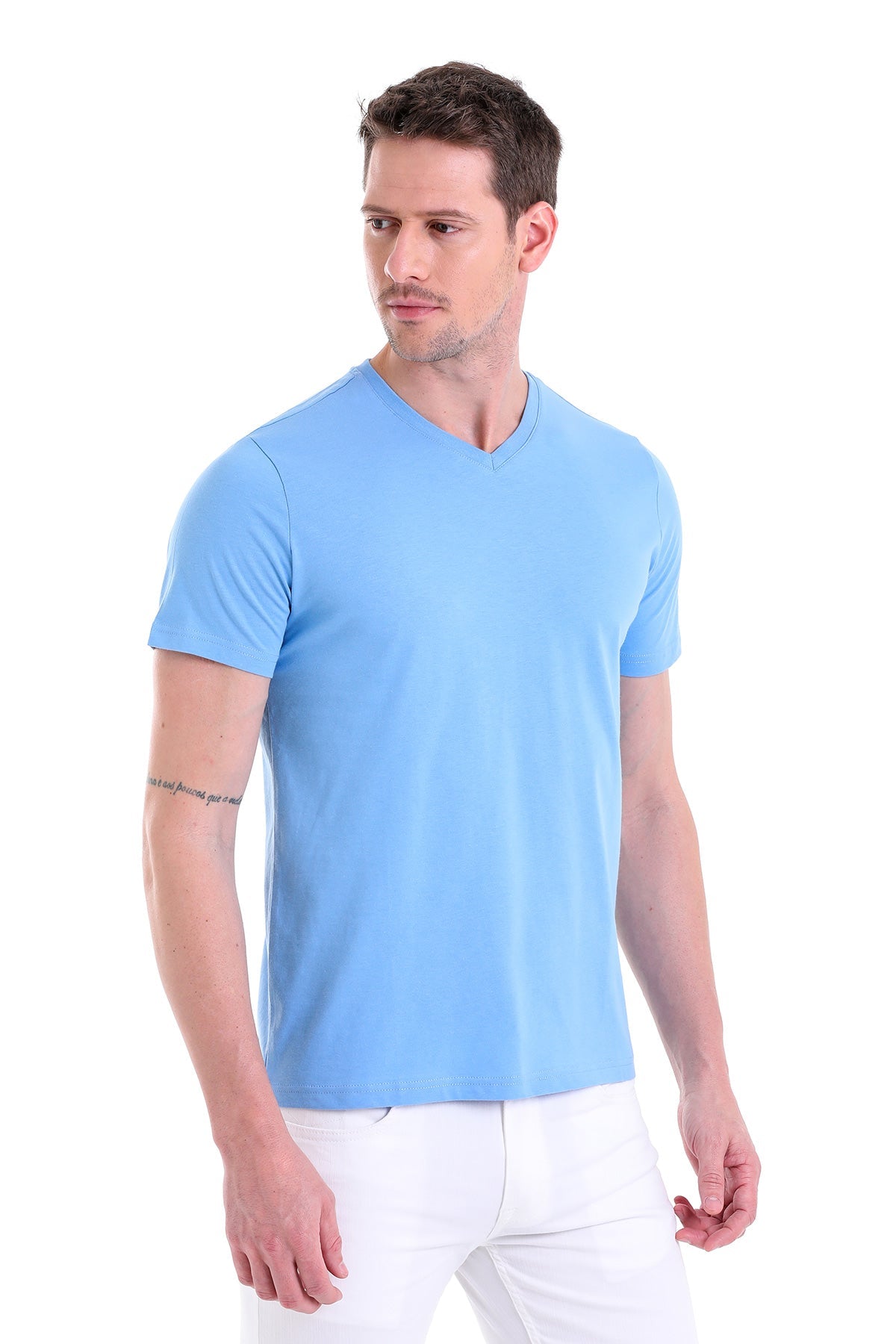 Slim Fit Basic Cotton Blue V-Neck T-Shirt - SAYKI