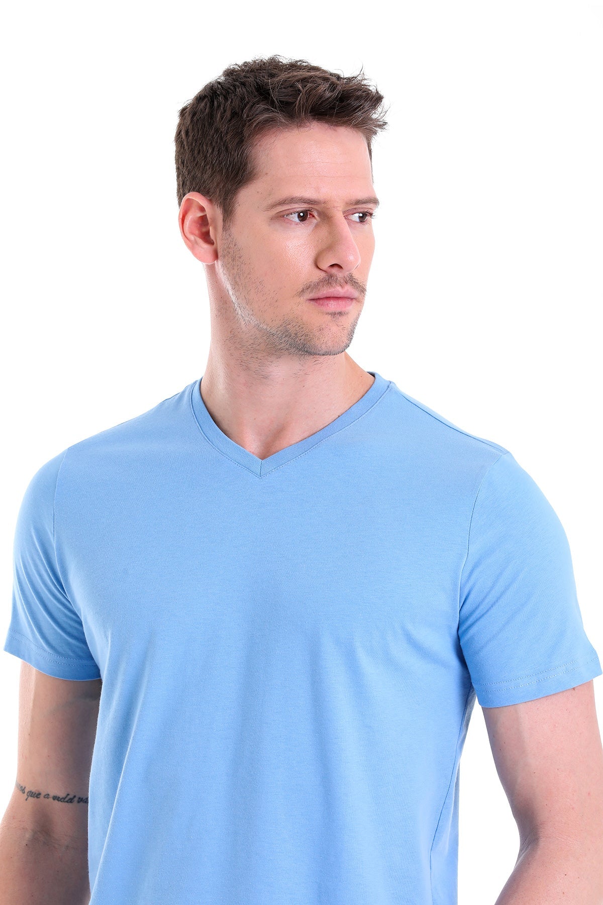 Slim Fit Basic Cotton Blue V-Neck T-Shirt - SAYKI