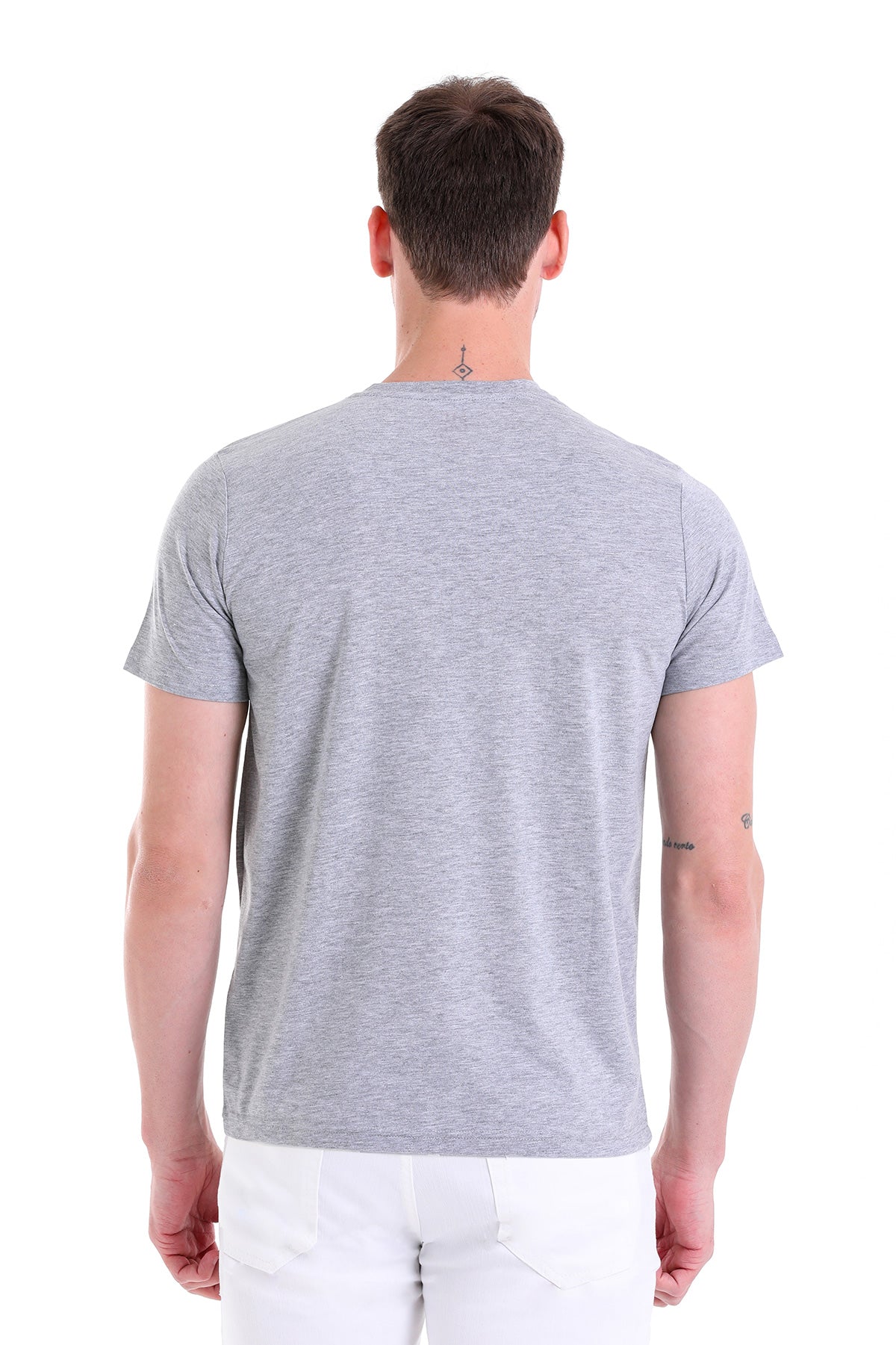 Slim Fit Basic Cotton Gray Melange V-Neck T-Shirt - SAYKI