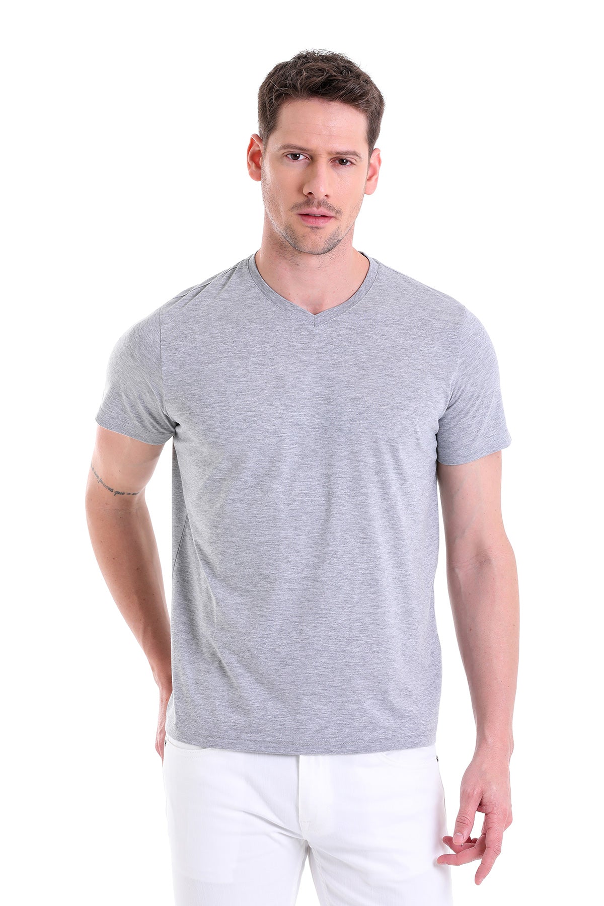 Slim Fit Basic Cotton Gray Melange V-Neck T-Shirt - SAYKI