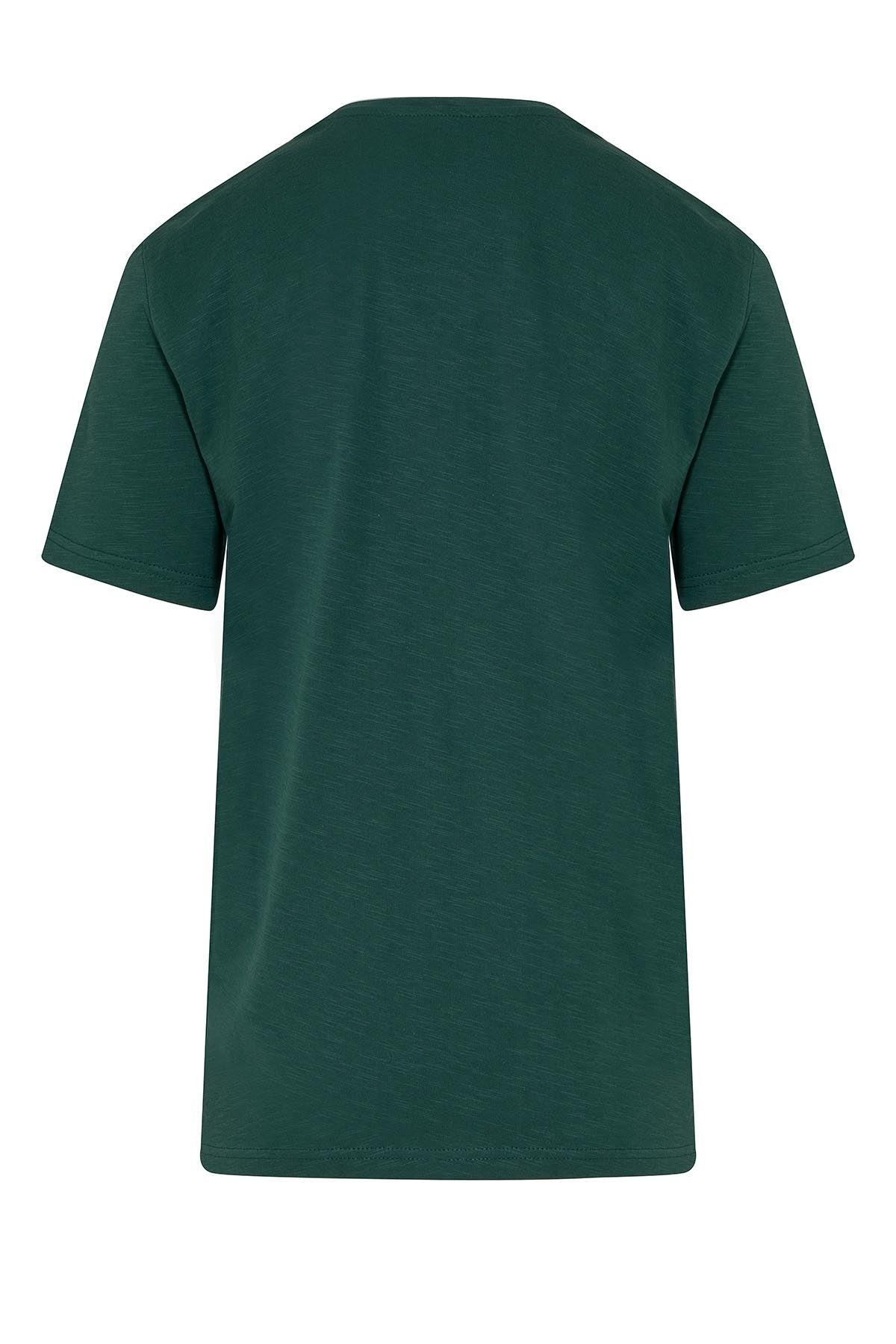 Dark green short-sleeved t-shirt with a simple crew neck design.