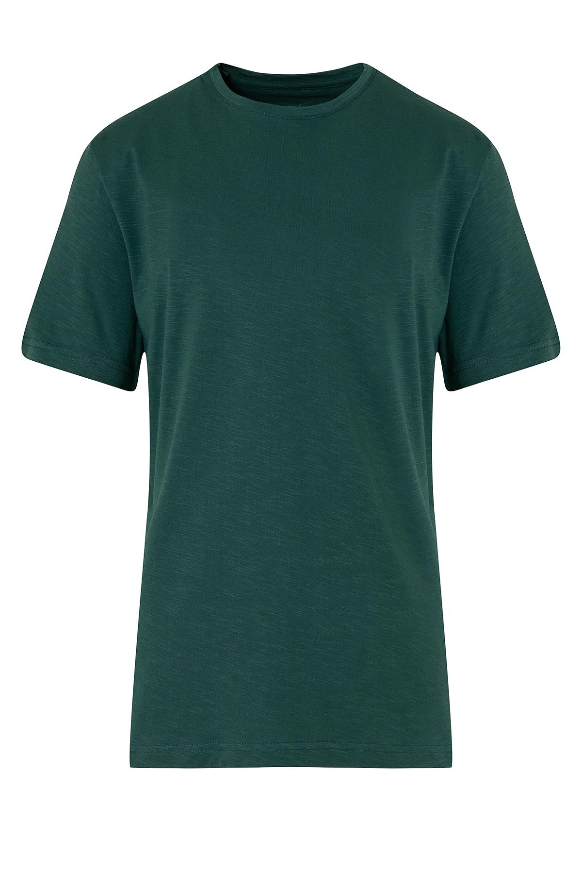 Dark green, plain cotton t-shirt with a classic crew neck and short sleeves.