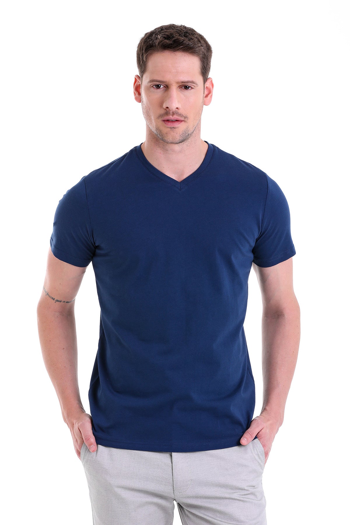 Slim Fit Basic Cotton Indigo V-Neck T-Shirt - SAYKI