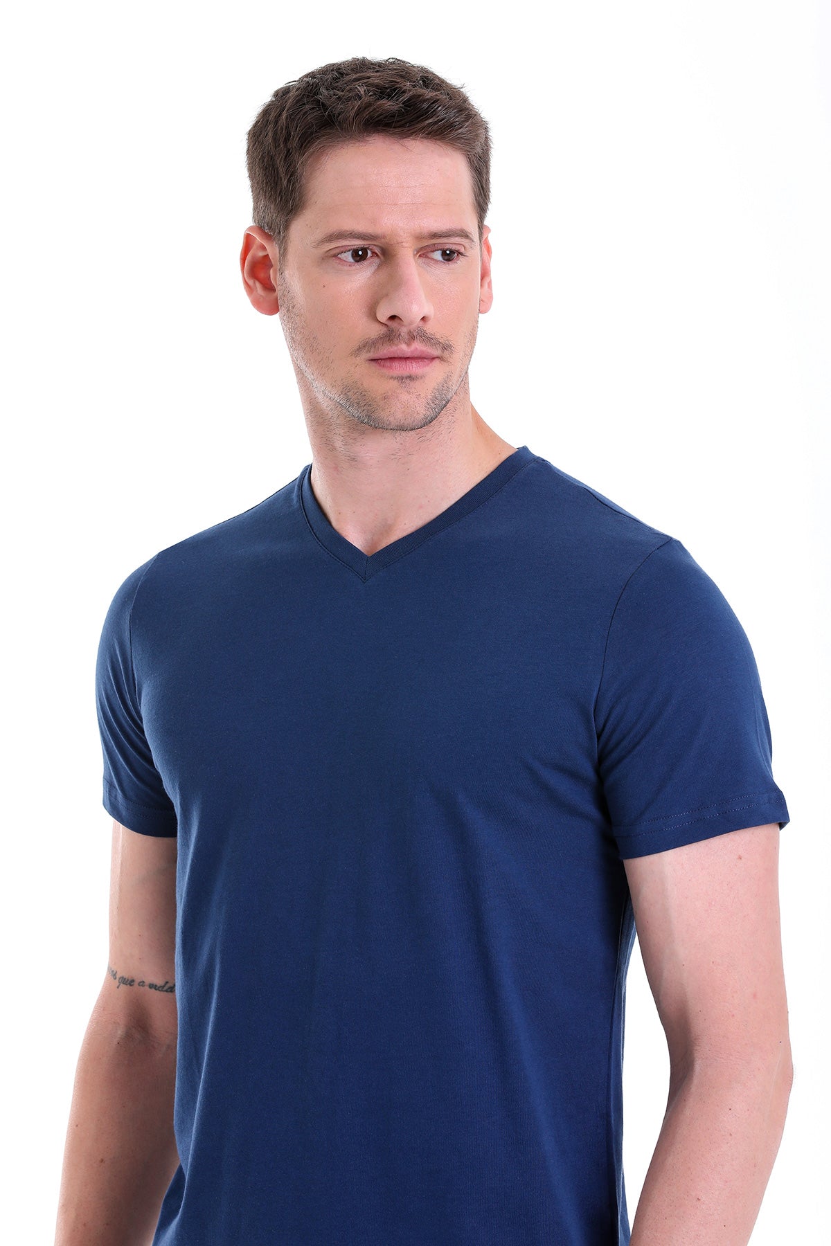 Slim Fit Basic Cotton Indigo V-Neck T-Shirt - SAYKI