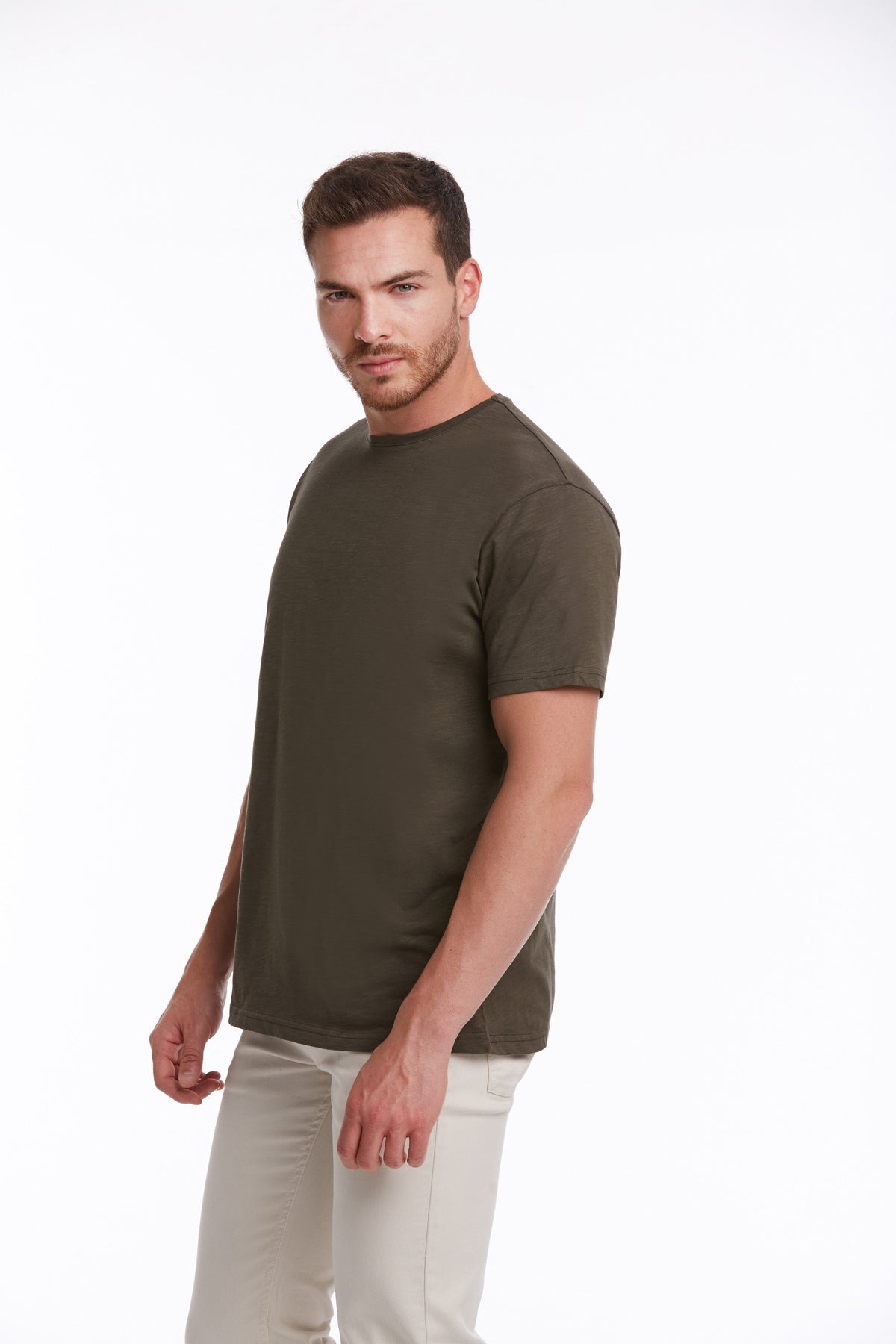 Slim Fit Basic Cotton Khaki Crew Neck T-Shirt - SAYKI