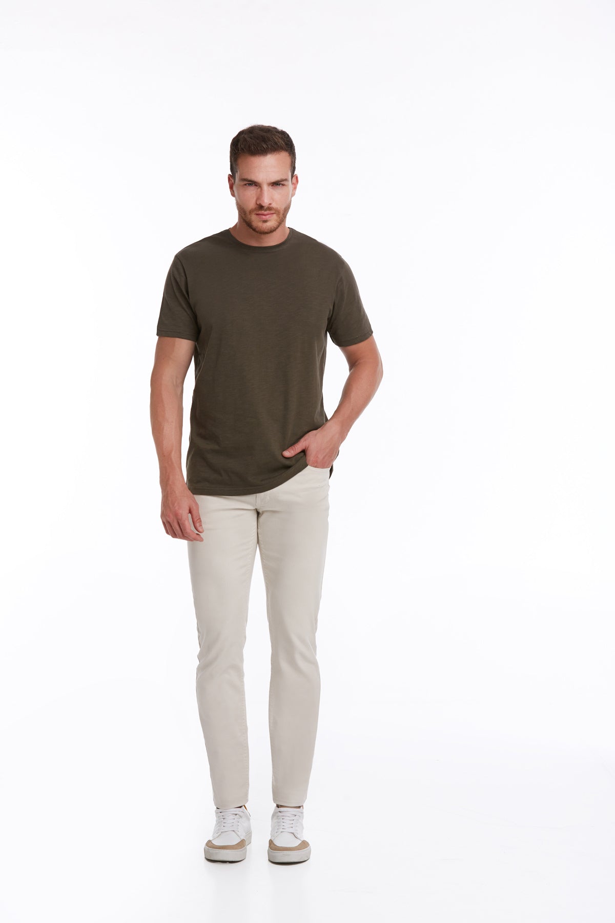 Slim Fit Basic Cotton Khaki Crew Neck T-Shirt - SAYKI