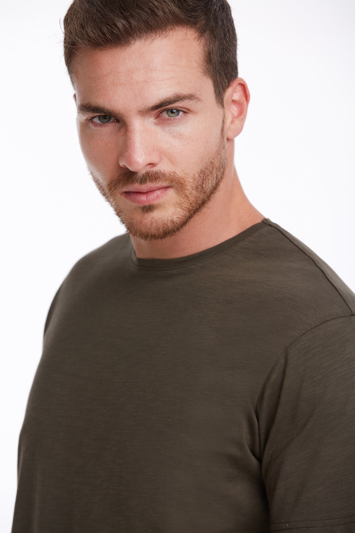 Slim Fit Basic Cotton Khaki Crew Neck T-Shirt - SAYKI