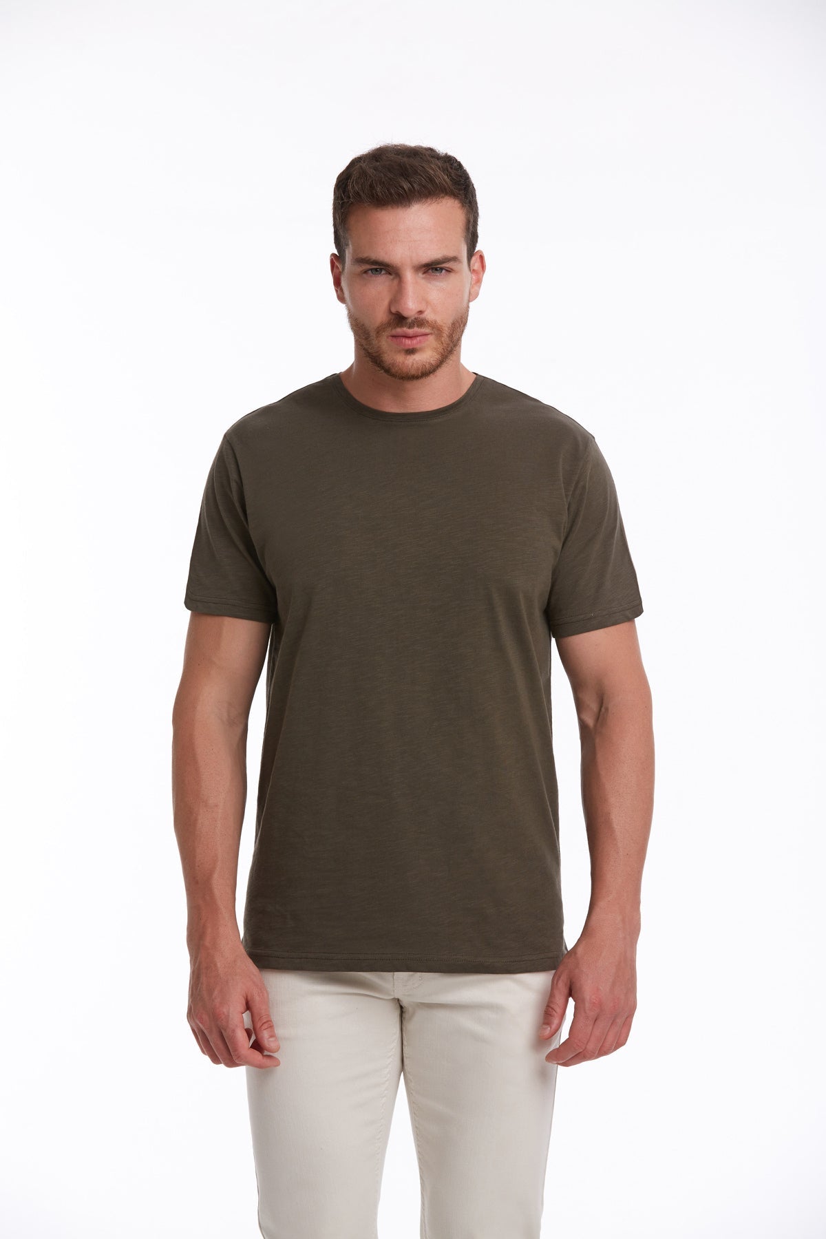 Slim Fit Basic Cotton Khaki Crew Neck T-Shirt - SAYKI
