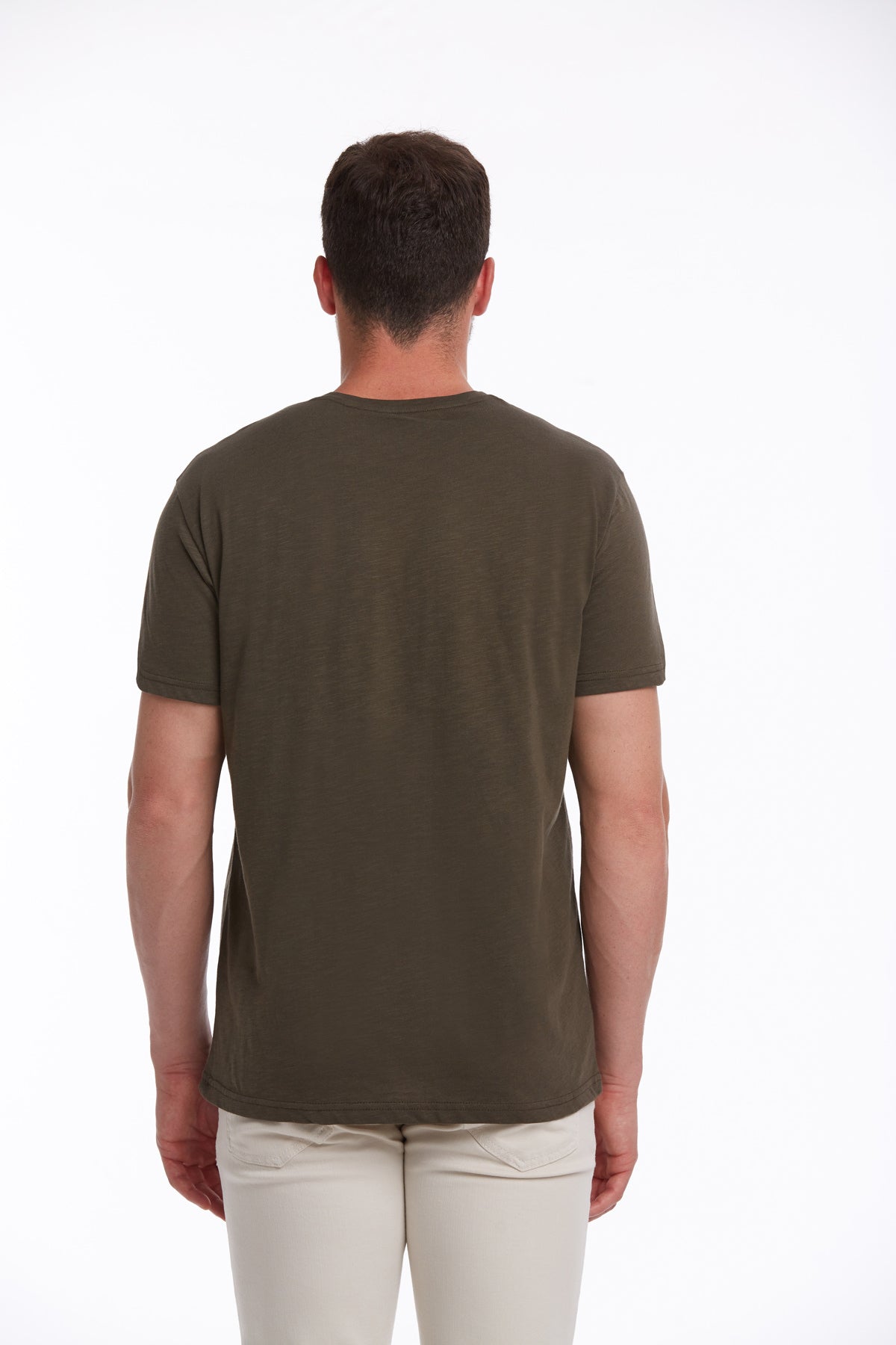 Slim Fit Basic Cotton Khaki Crew Neck T-Shirt - SAYKI
