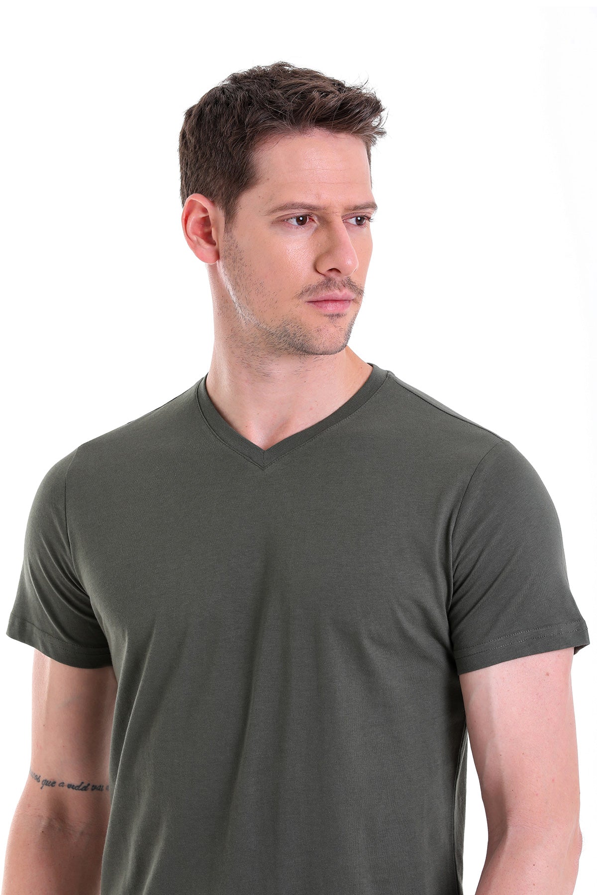 Slim Fit Basic Cotton Khaki V-Neck T-Shirt - SAYKI