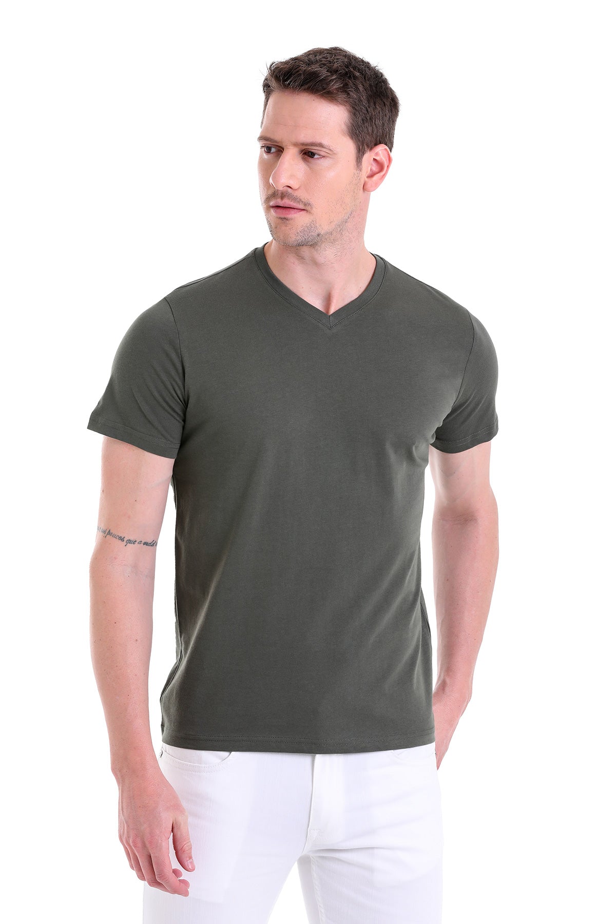 Olive green v-neck cotton t-shirt.