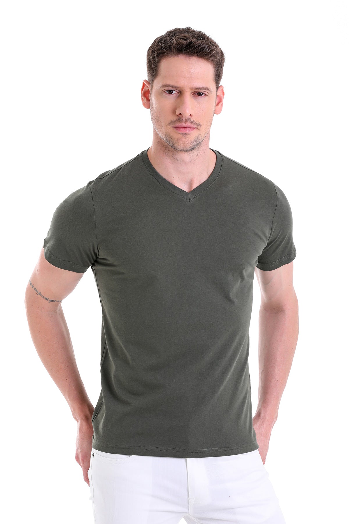 Slim Fit Basic Cotton Khaki V-Neck T-Shirt - SAYKI