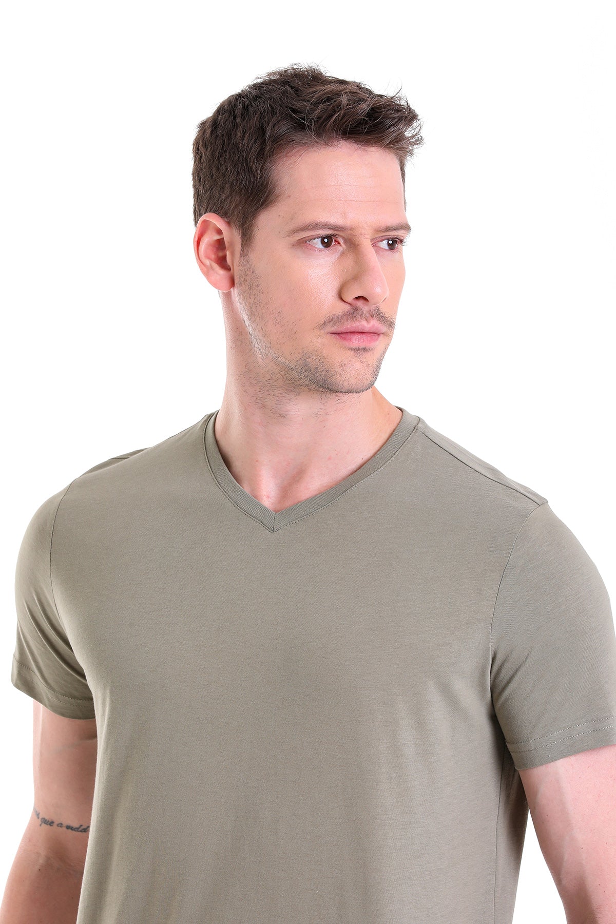 Slim Fit Basic Cotton Light Khaki V-Neck T-Shirt - SAYKI