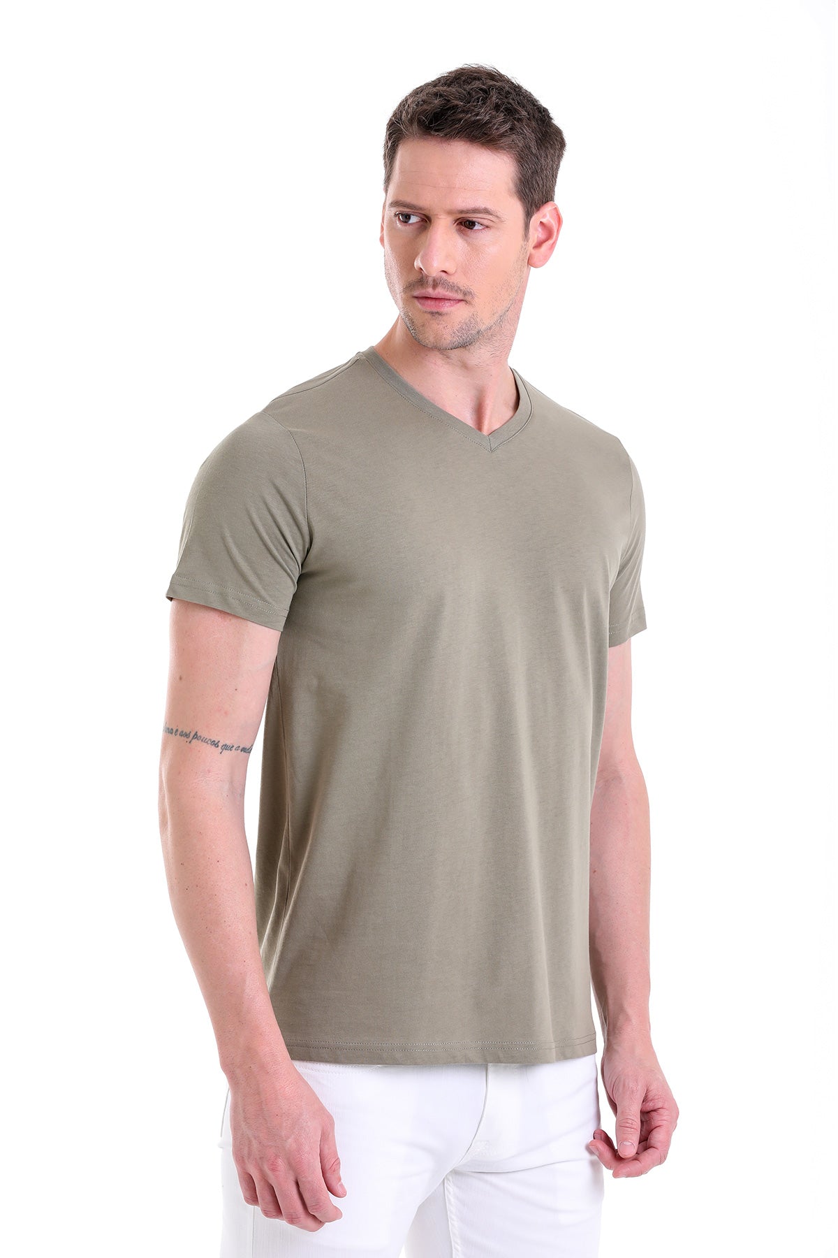 Slim Fit Basic Cotton Light Khaki V-Neck T-Shirt - SAYKI