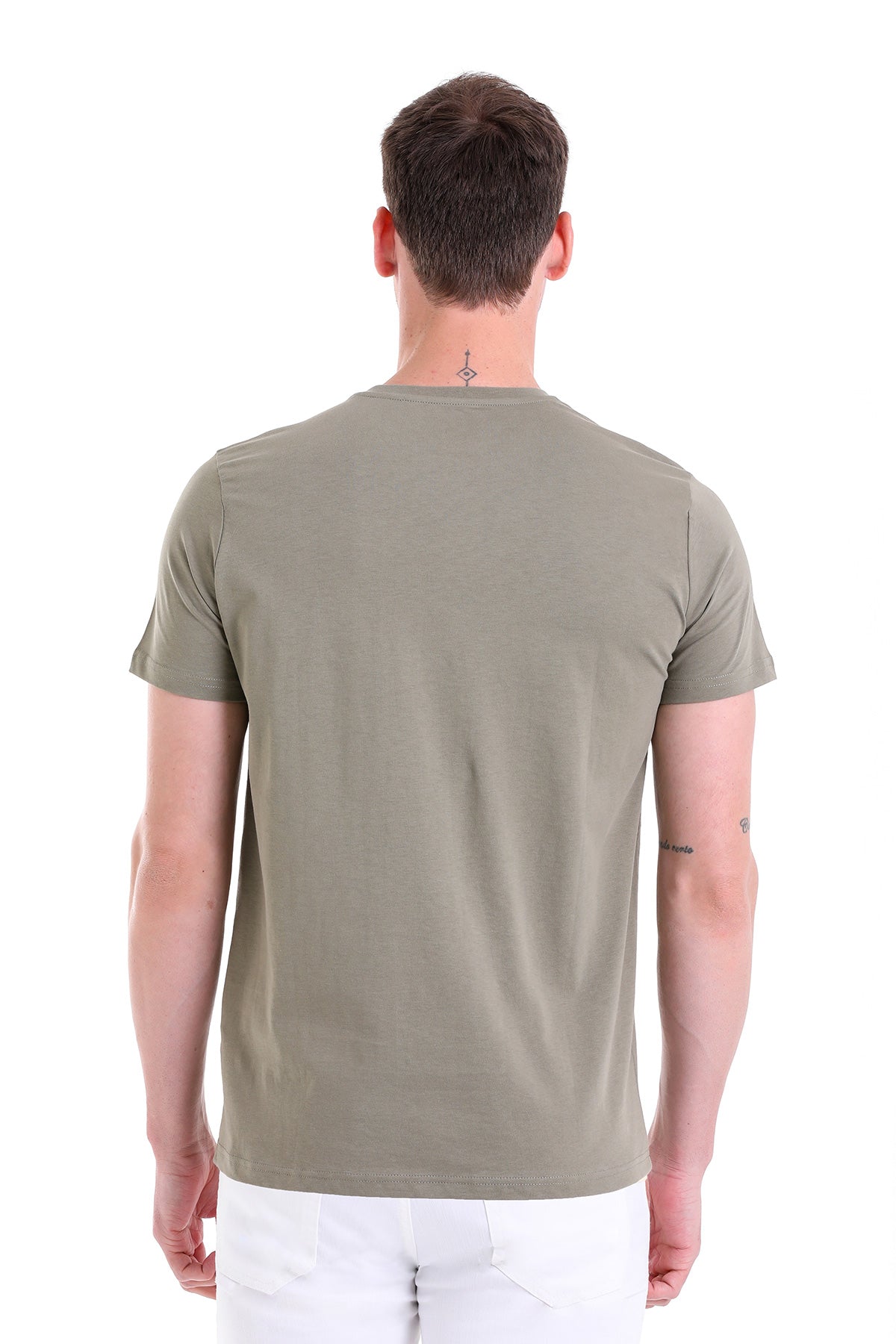 Slim Fit Basic Cotton Light Khaki V-Neck T-Shirt - SAYKI