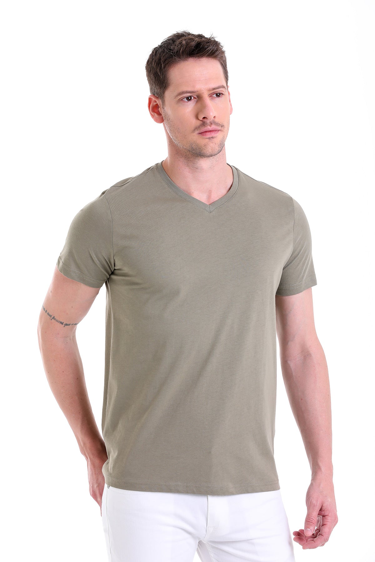 Slim Fit Basic Cotton Light Khaki V-Neck T-Shirt - SAYKI