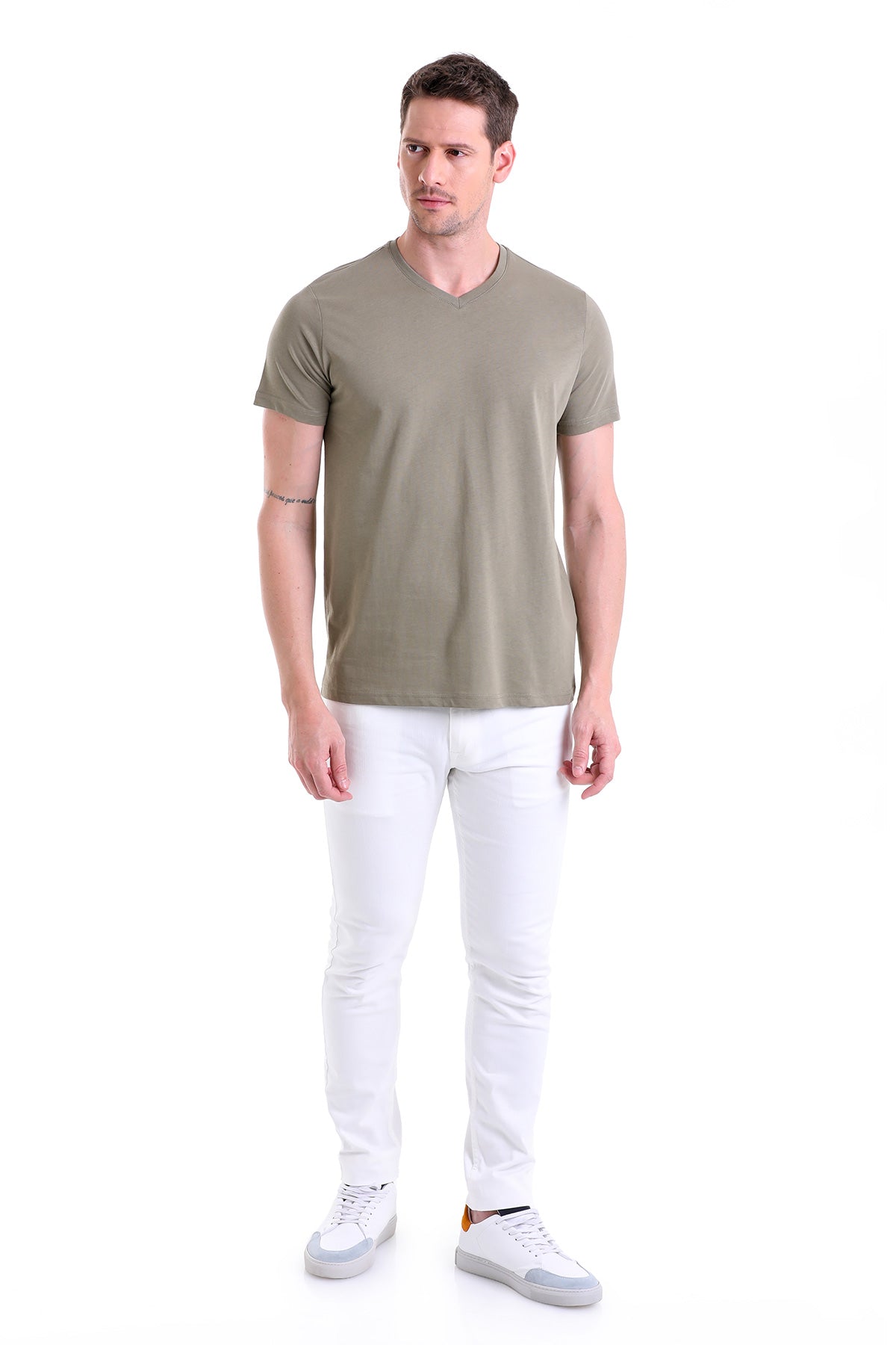 Slim Fit Basic Cotton Light Khaki V-Neck T-Shirt - SAYKI