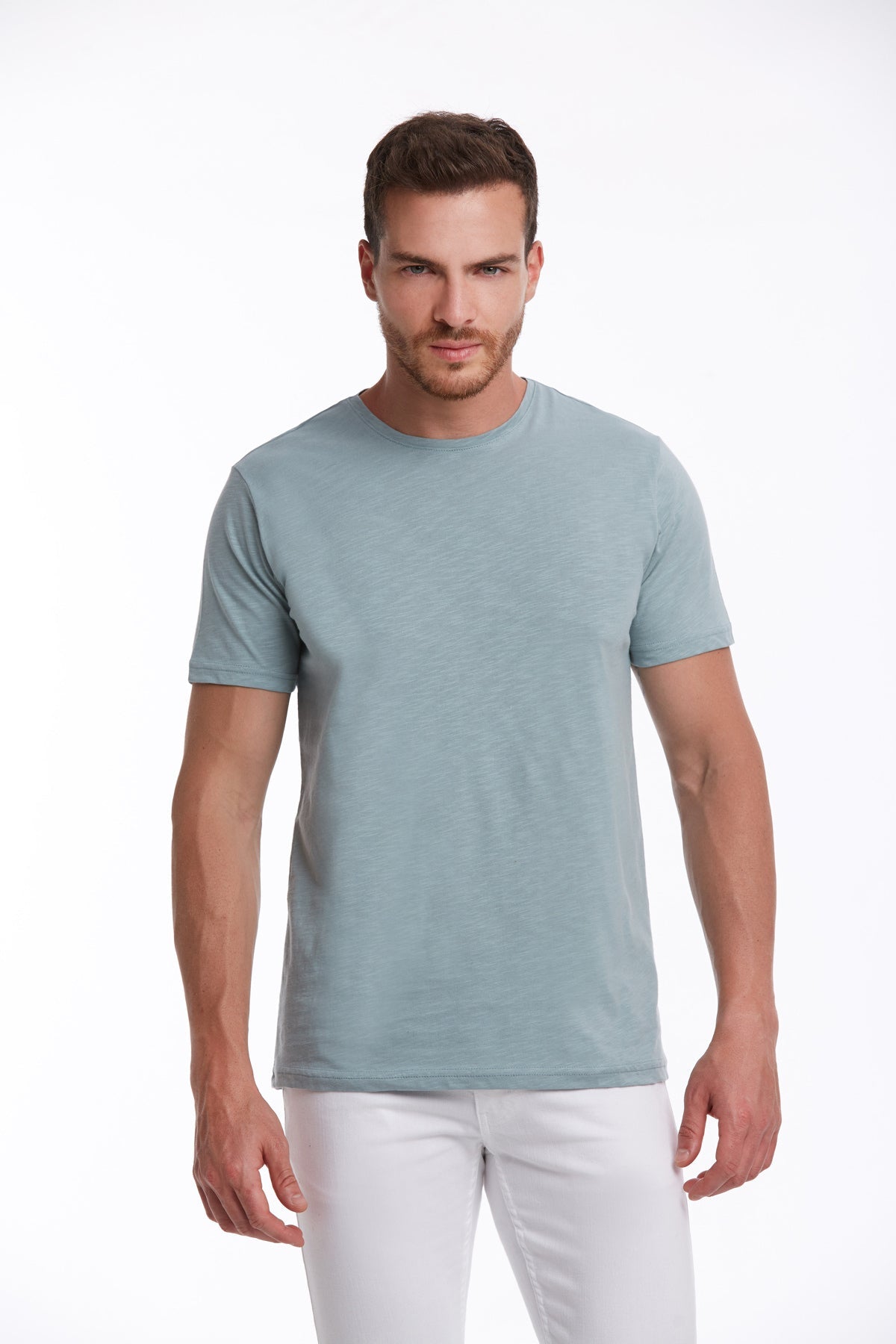 Slim Fit Basic Cotton Mint Crew Neck T-Shirt - SAYKI