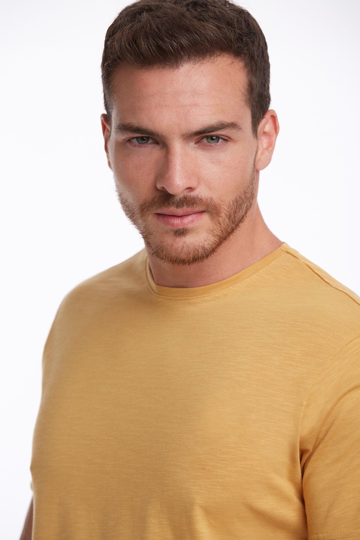 Slim Fit Basic Cotton Mustard Crew Neck T-Shirt - SAYKI