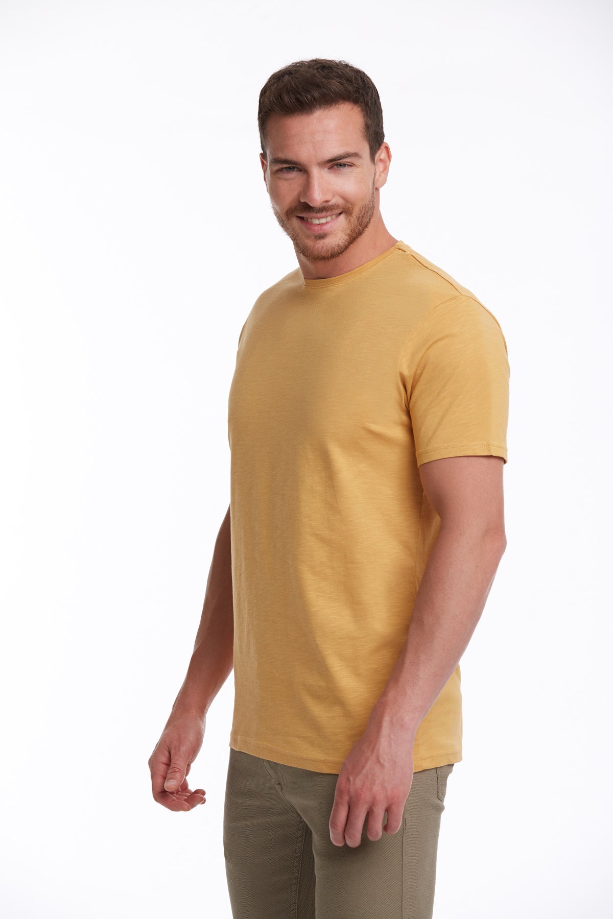 Slim Fit Basic Cotton Mustard Crew Neck T-Shirt - SAYKI