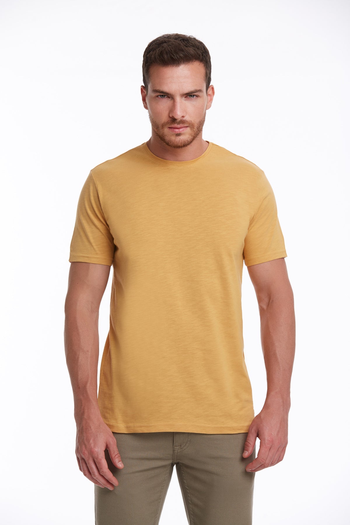 Slim Fit Basic Cotton Mustard Crew Neck T-Shirt - SAYKI