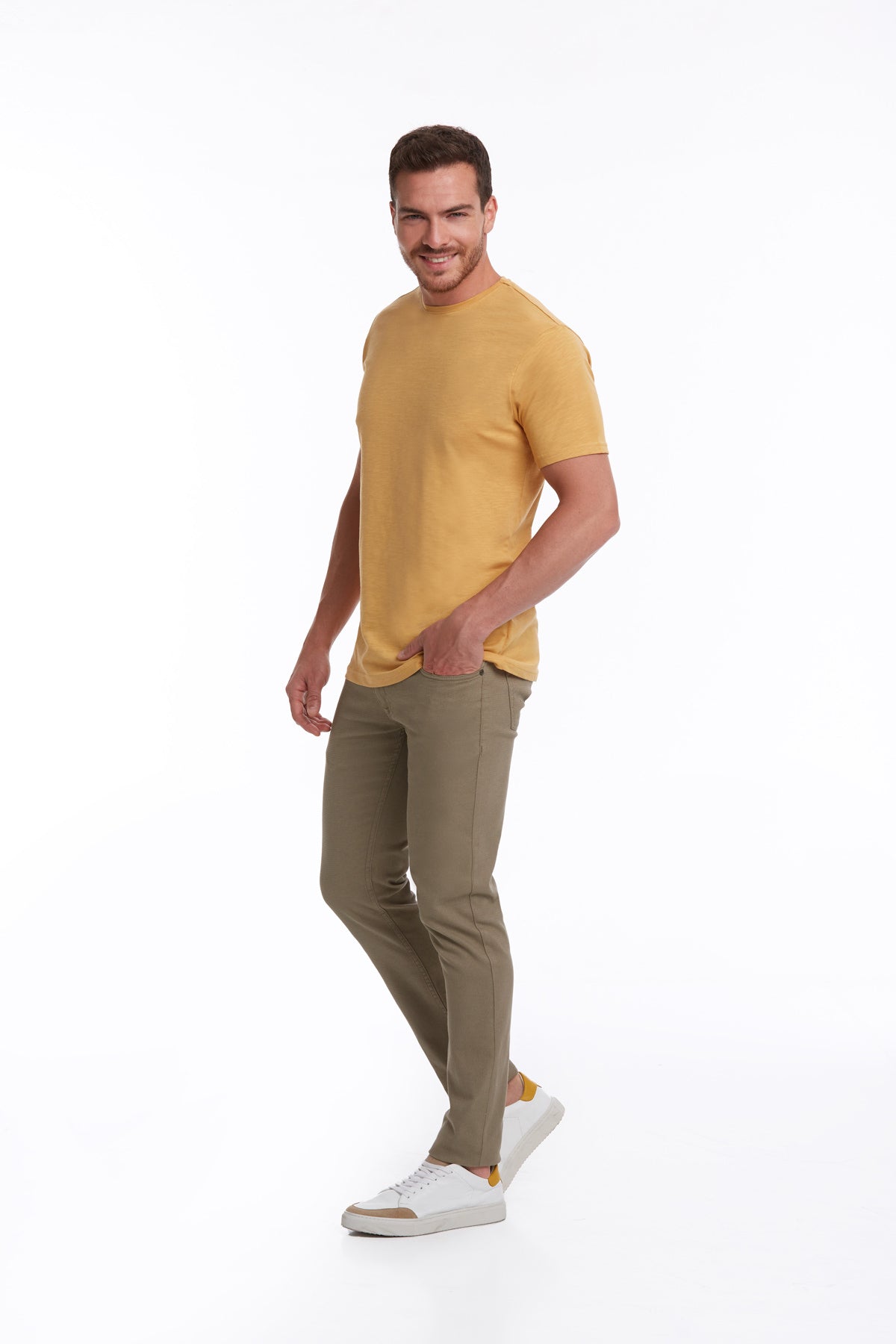 Slim Fit Basic Cotton Mustard Crew Neck T-Shirt - SAYKI