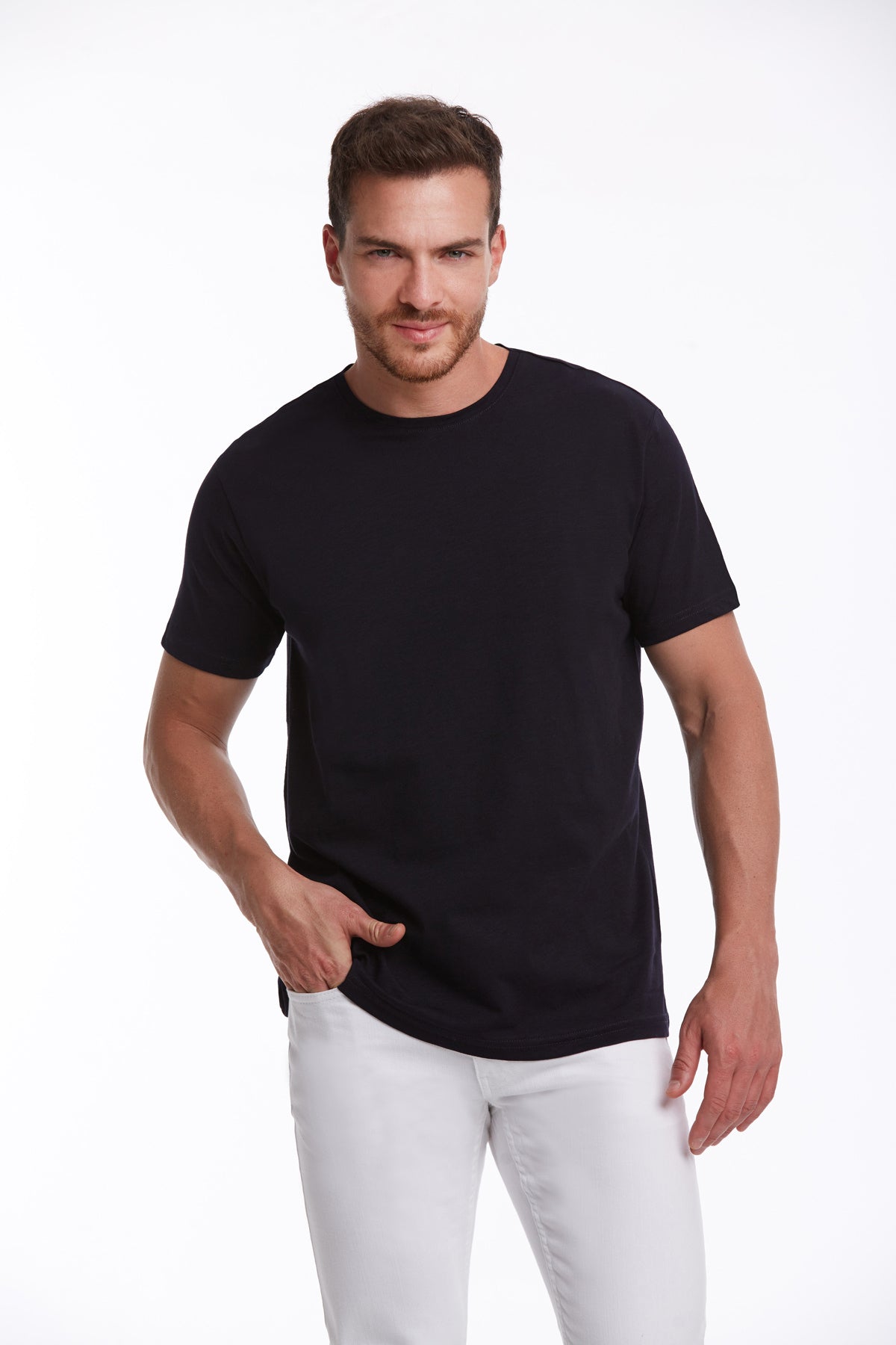 Slim Fit Basic Cotton Navy Crew Neck T-Shirt - SAYKI