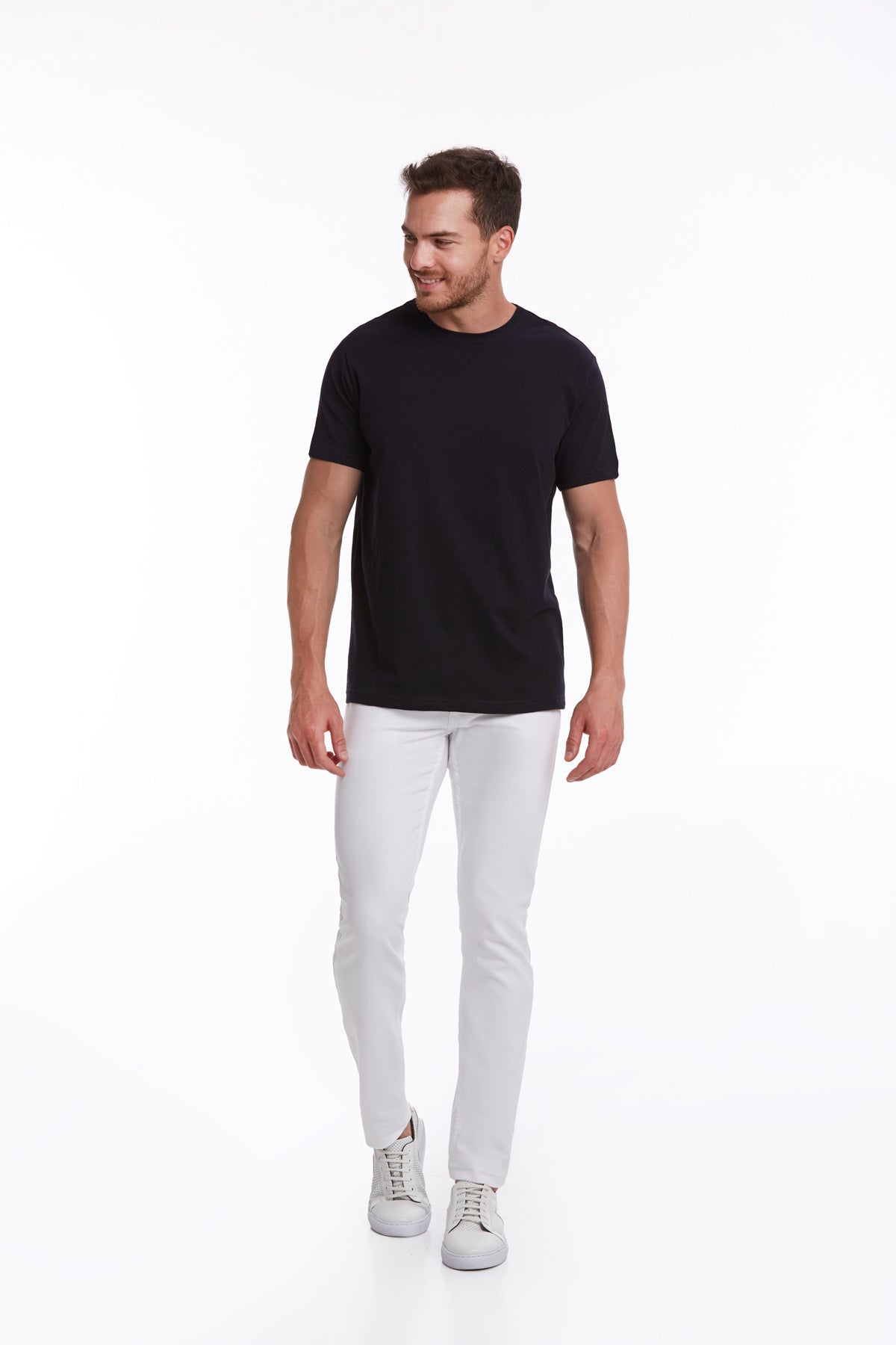 Slim Fit Basic Cotton Navy Crew Neck T-Shirt - SAYKI
