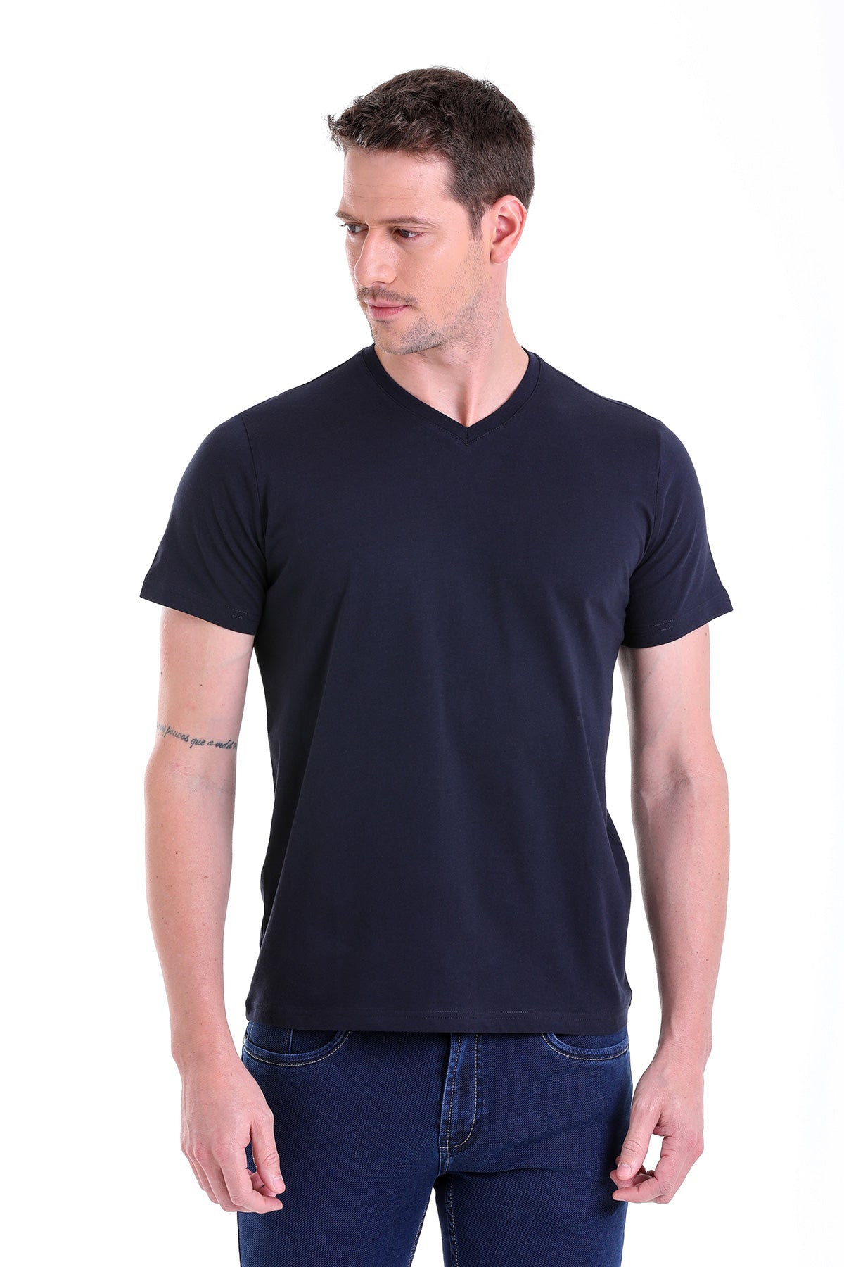 Slim Fit Basic Cotton Navy V-Neck T-Shirt - SAYKI