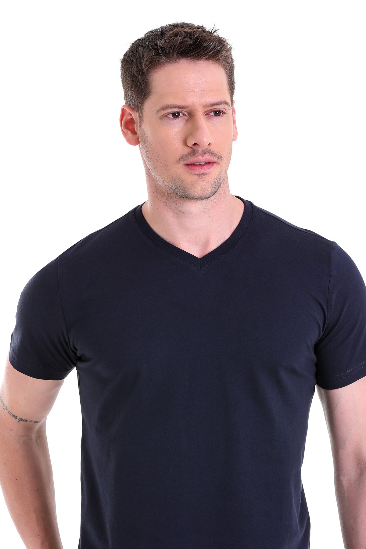 Slim Fit Basic Cotton Navy V-Neck T-Shirt - SAYKI